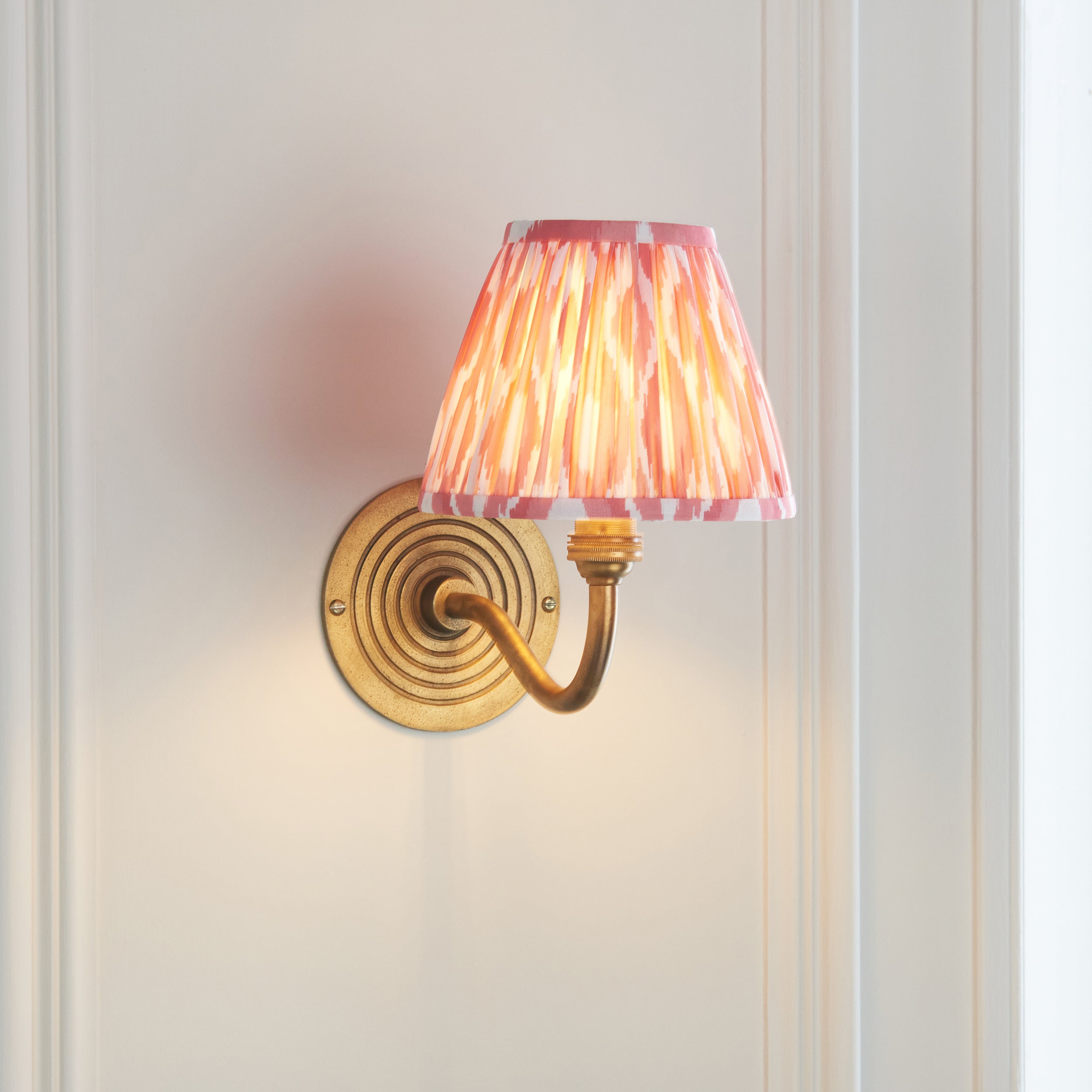 Ripple Curve Brass Wall Light & Coral Pink Ikat 16cm Shade