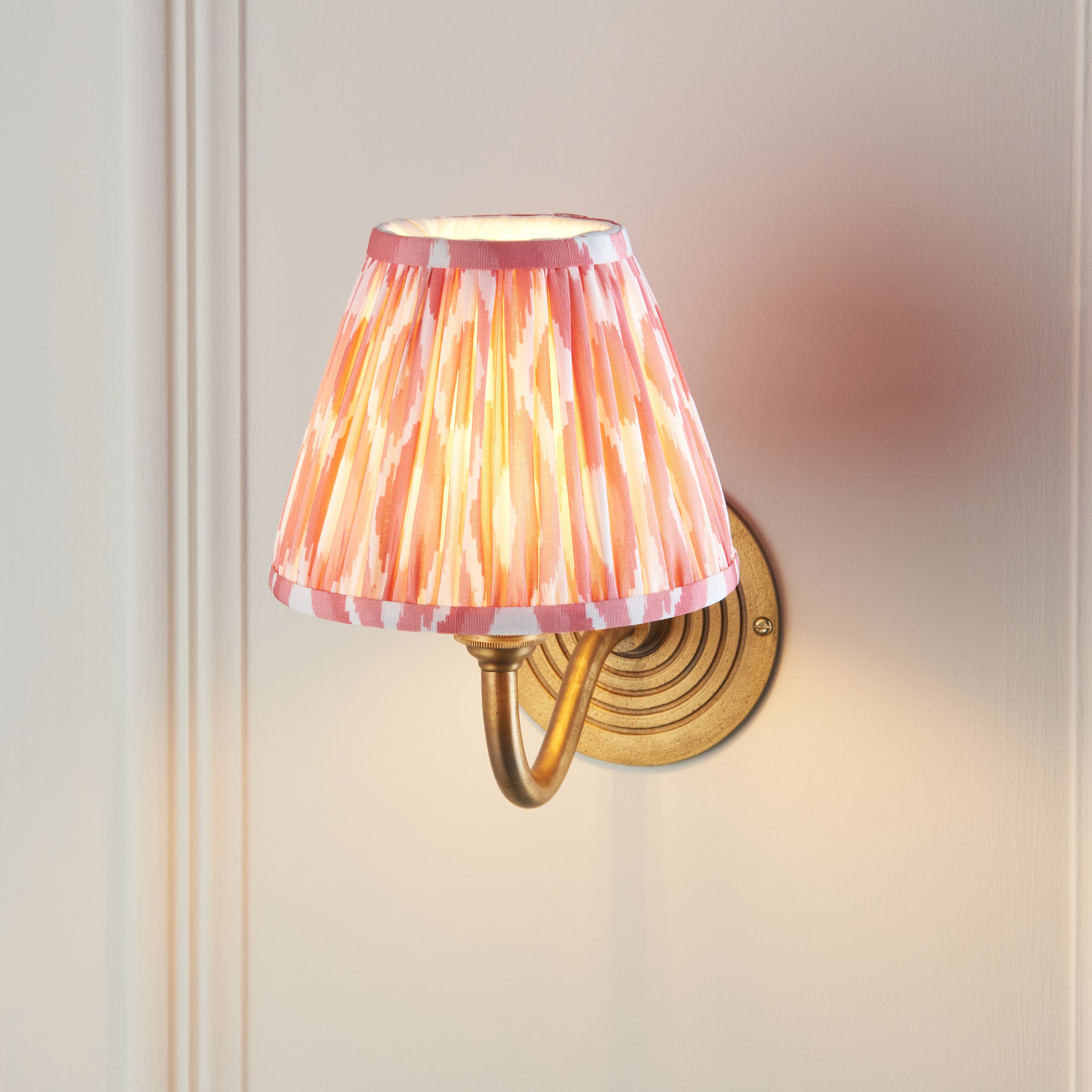 Ripple Curve Brass Wall Light & Coral Pink Ikat 16cm Shade