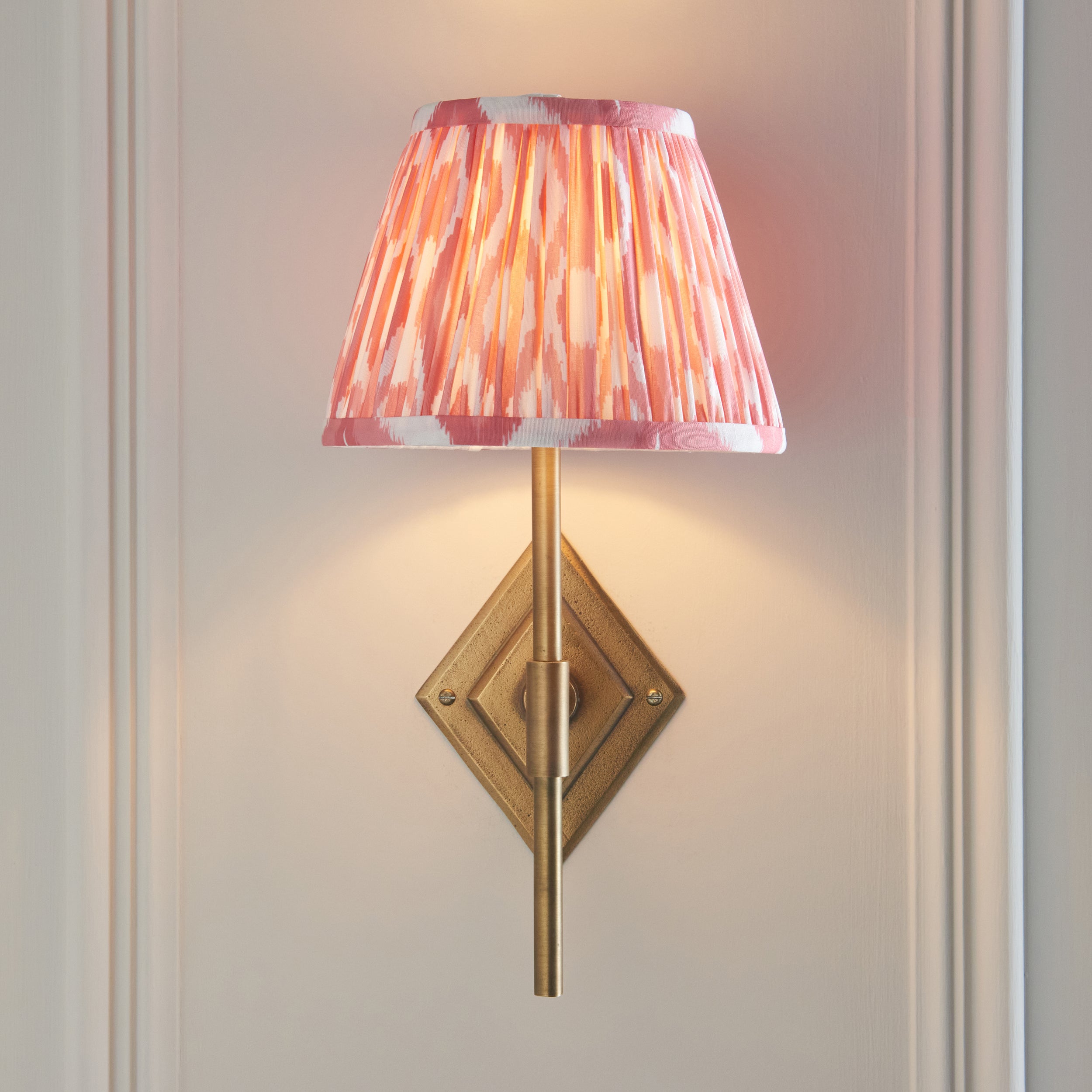 Diamond Brass Tall Wall Light & Coral Pink Ikat 20cm Shade