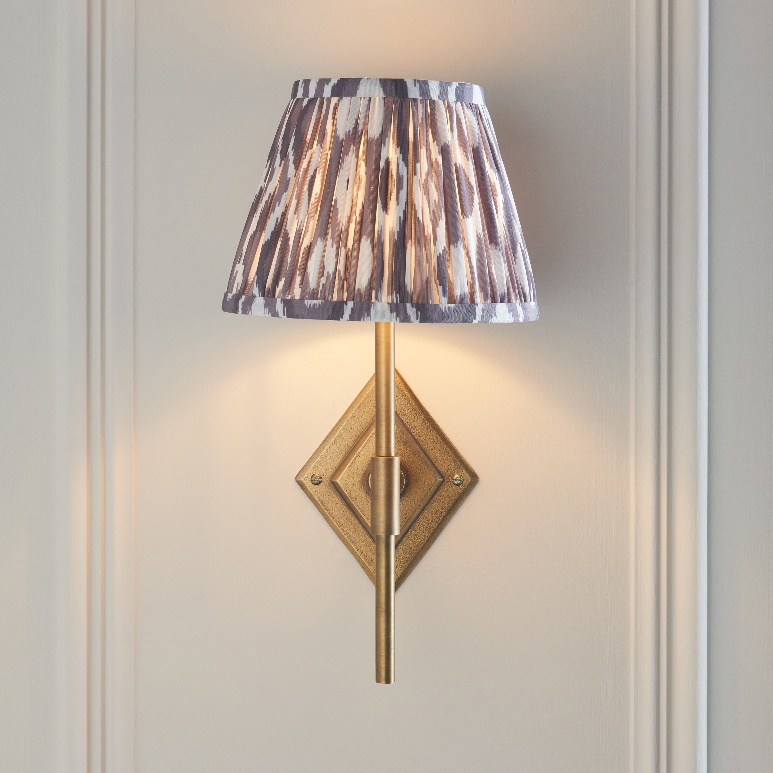 Diamond Brass Tall Wall Light & Grey Ikat 20cm Shade
