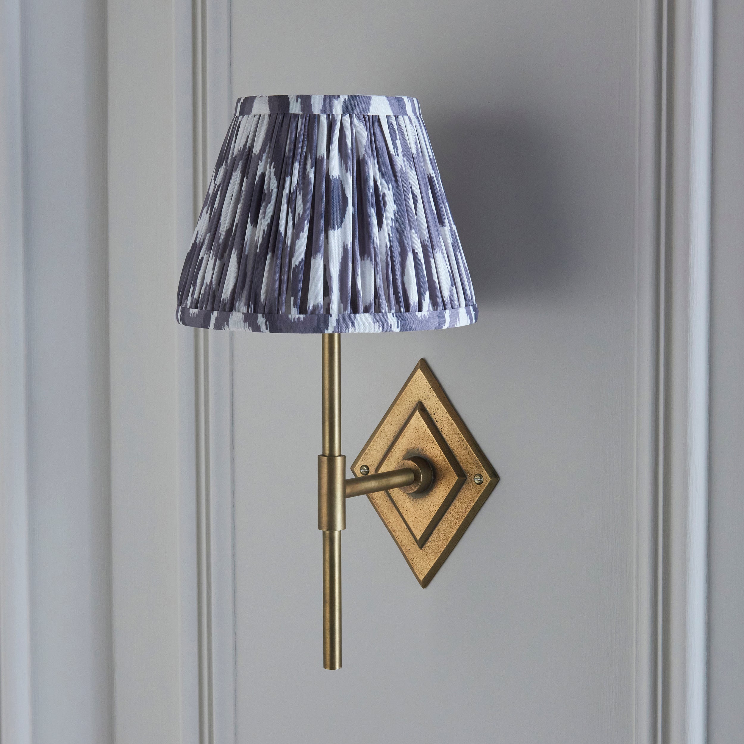 Diamond Brass Tall Wall Light & Grey Ikat 20cm Shade