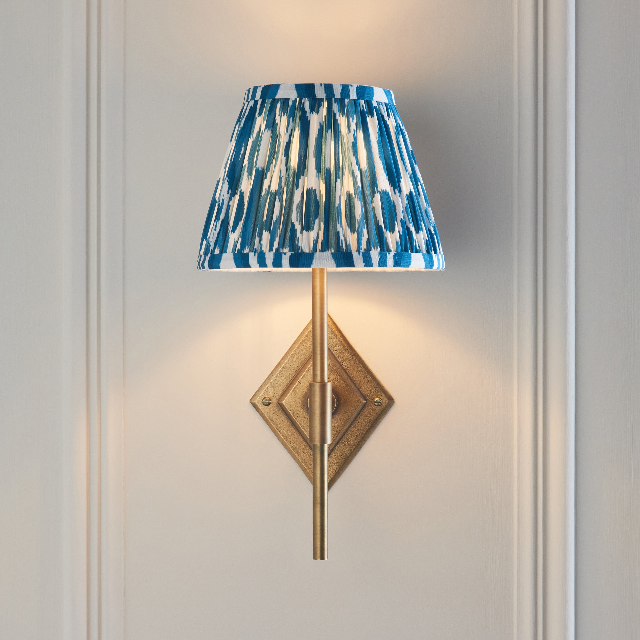 Diamond Brass Tall Wall Light & Blue Ikat 20cm Shade
