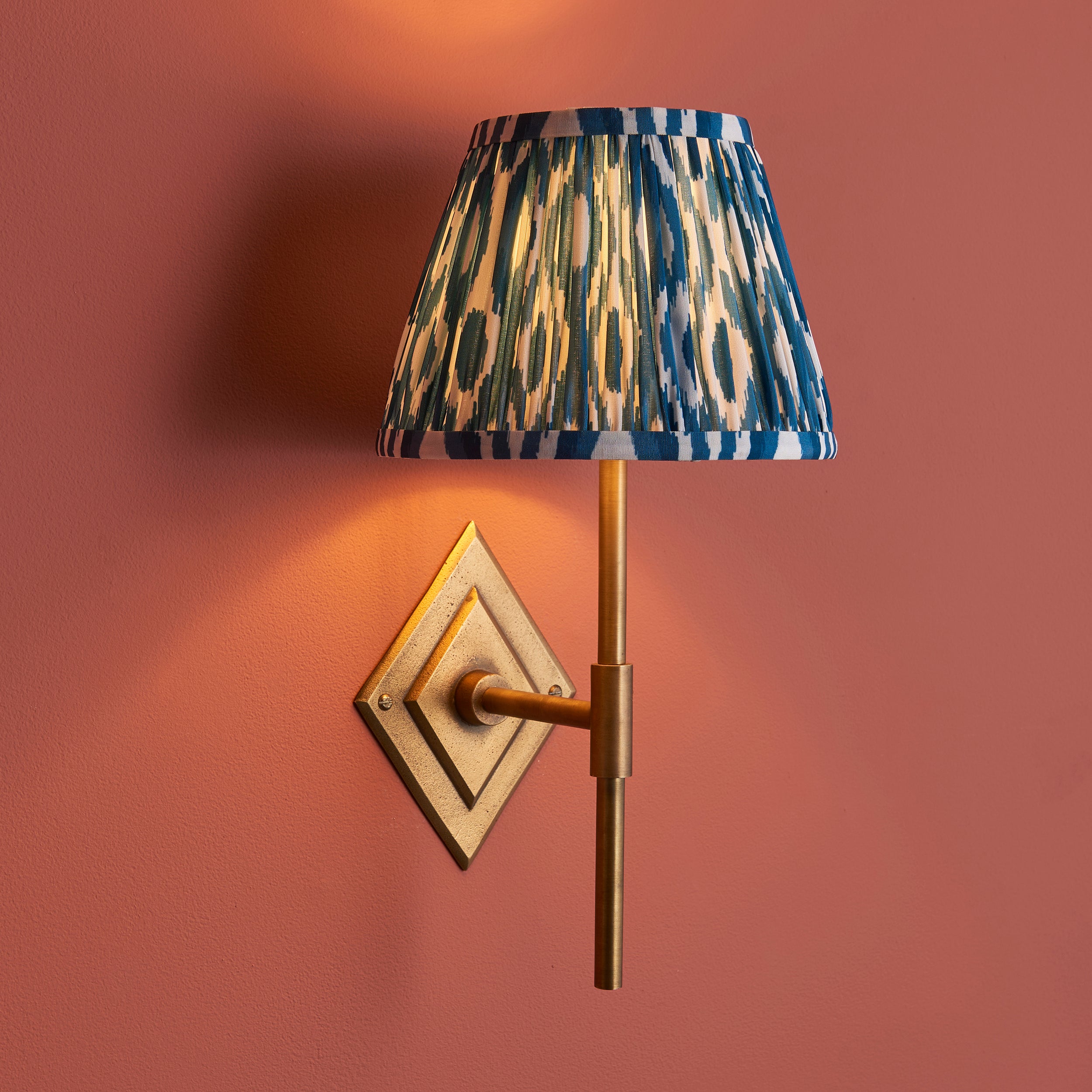 Diamond Brass Tall Wall Light & Blue Ikat 20cm Shade