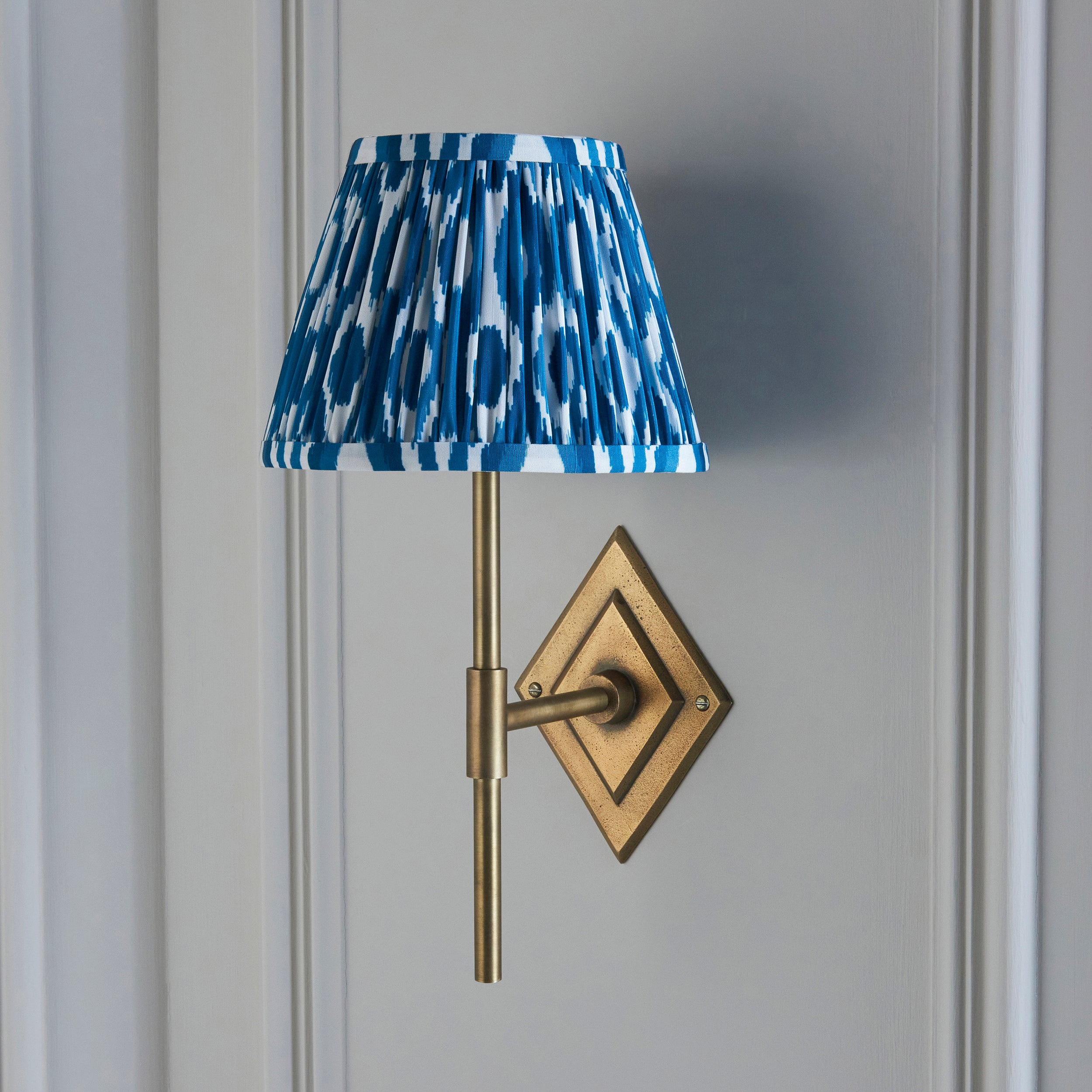 Diamond Brass Tall Wall Light & Blue Ikat 20cm Shade