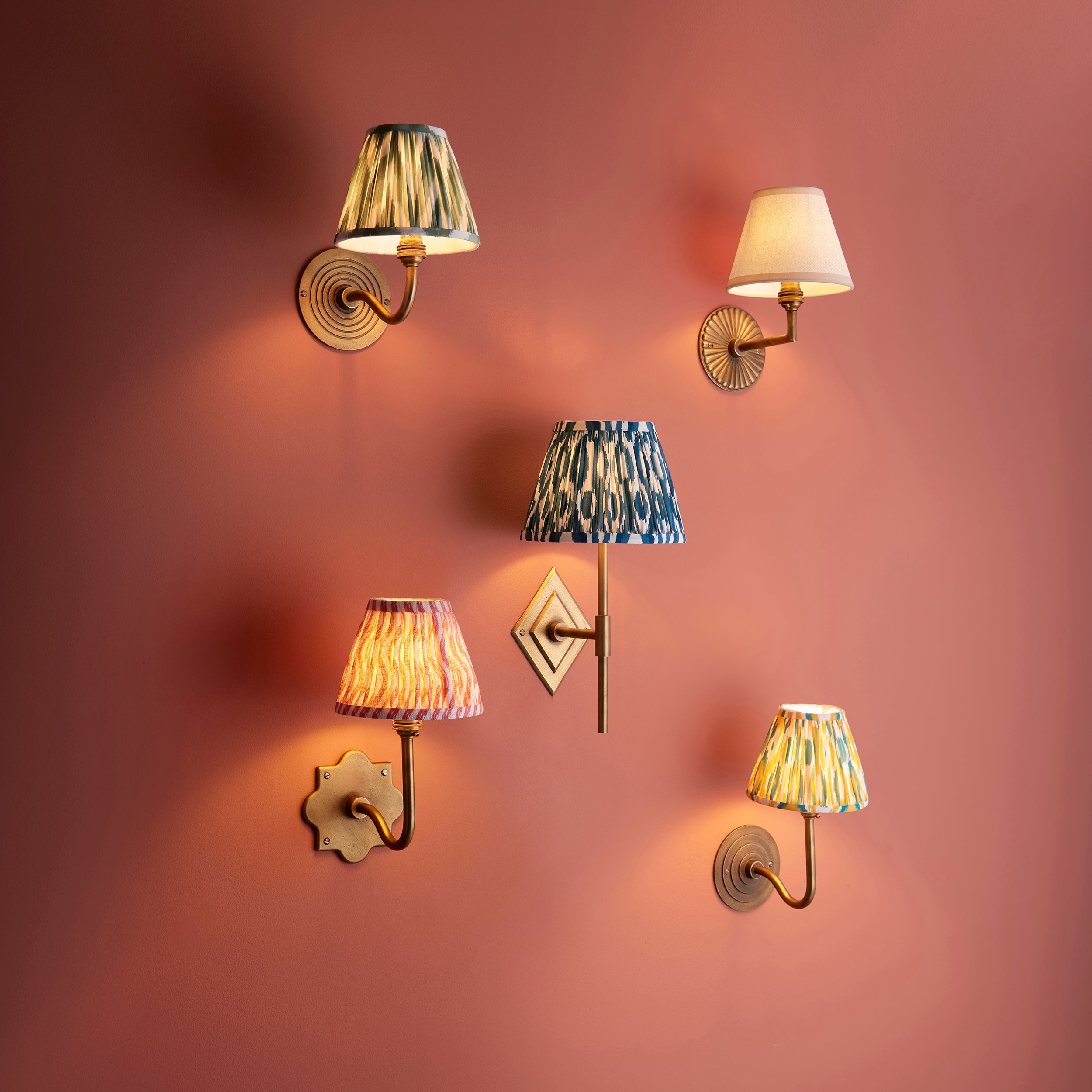 Diamond Brass Tall Wall Light & Blue Ikat 20cm Shade