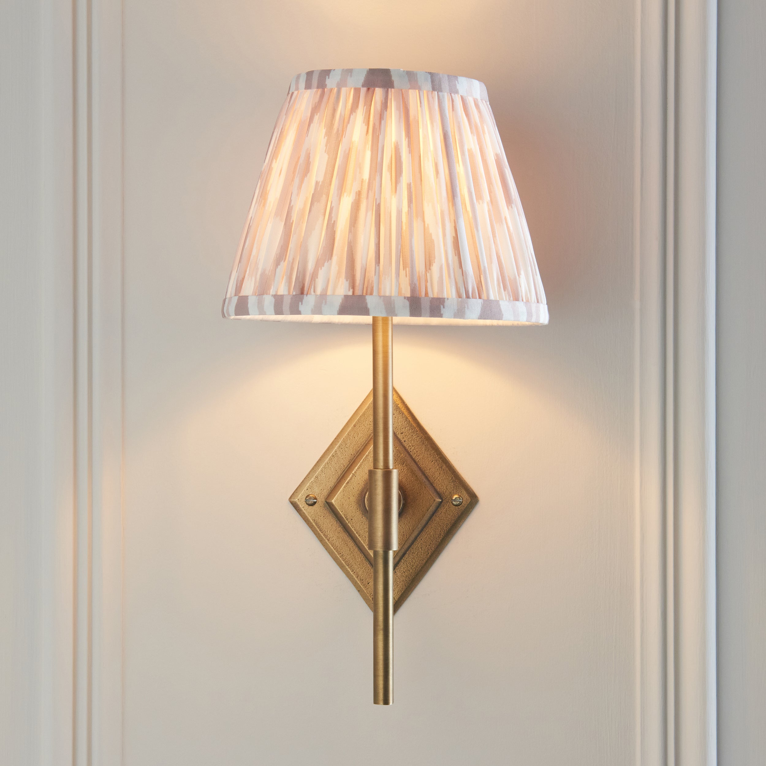 Diamond Brass Tall Wall Light & Neutral Ikat 20cm Shade