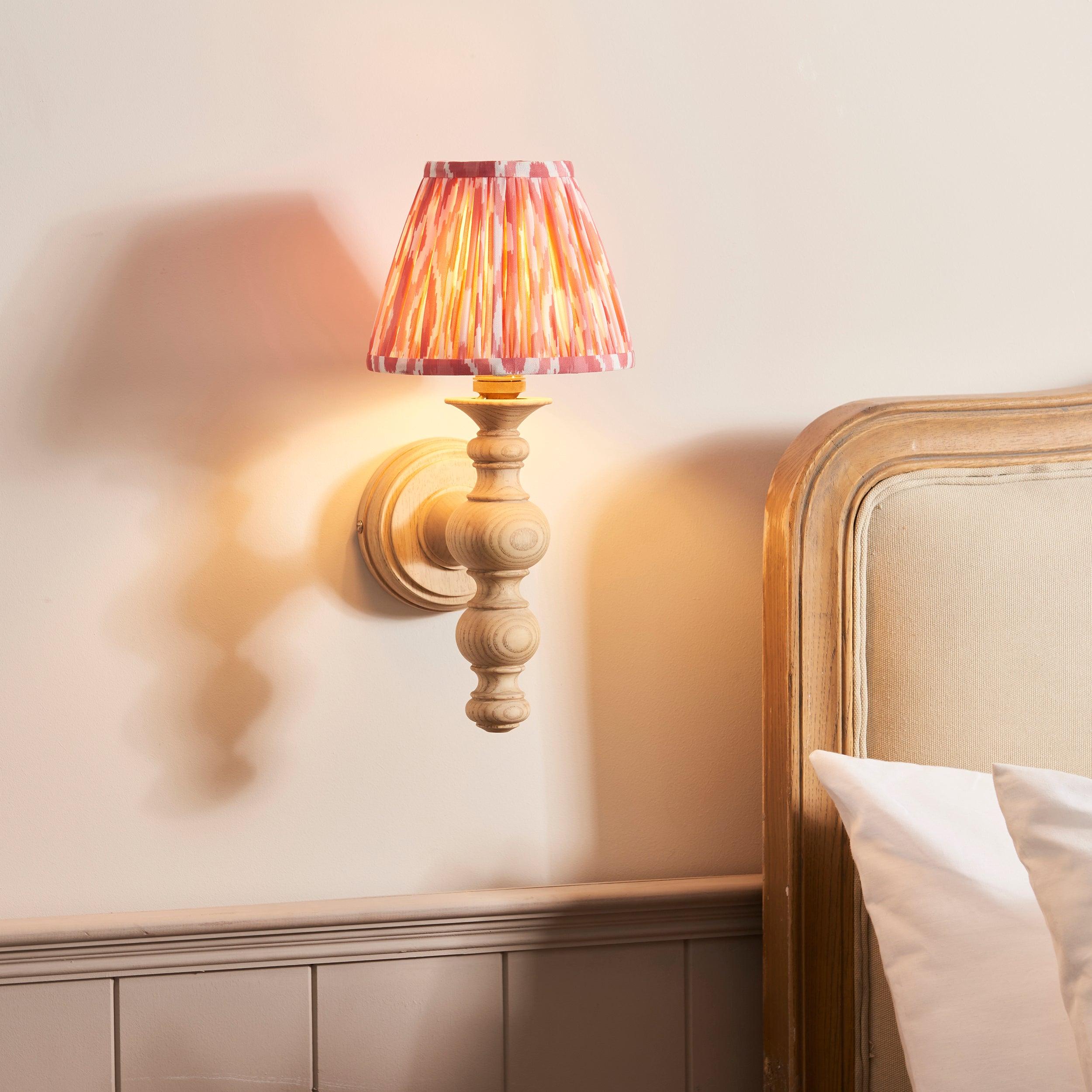 Bibury Wooden Wall Light & Ikat 16cm Coral Pink Shade