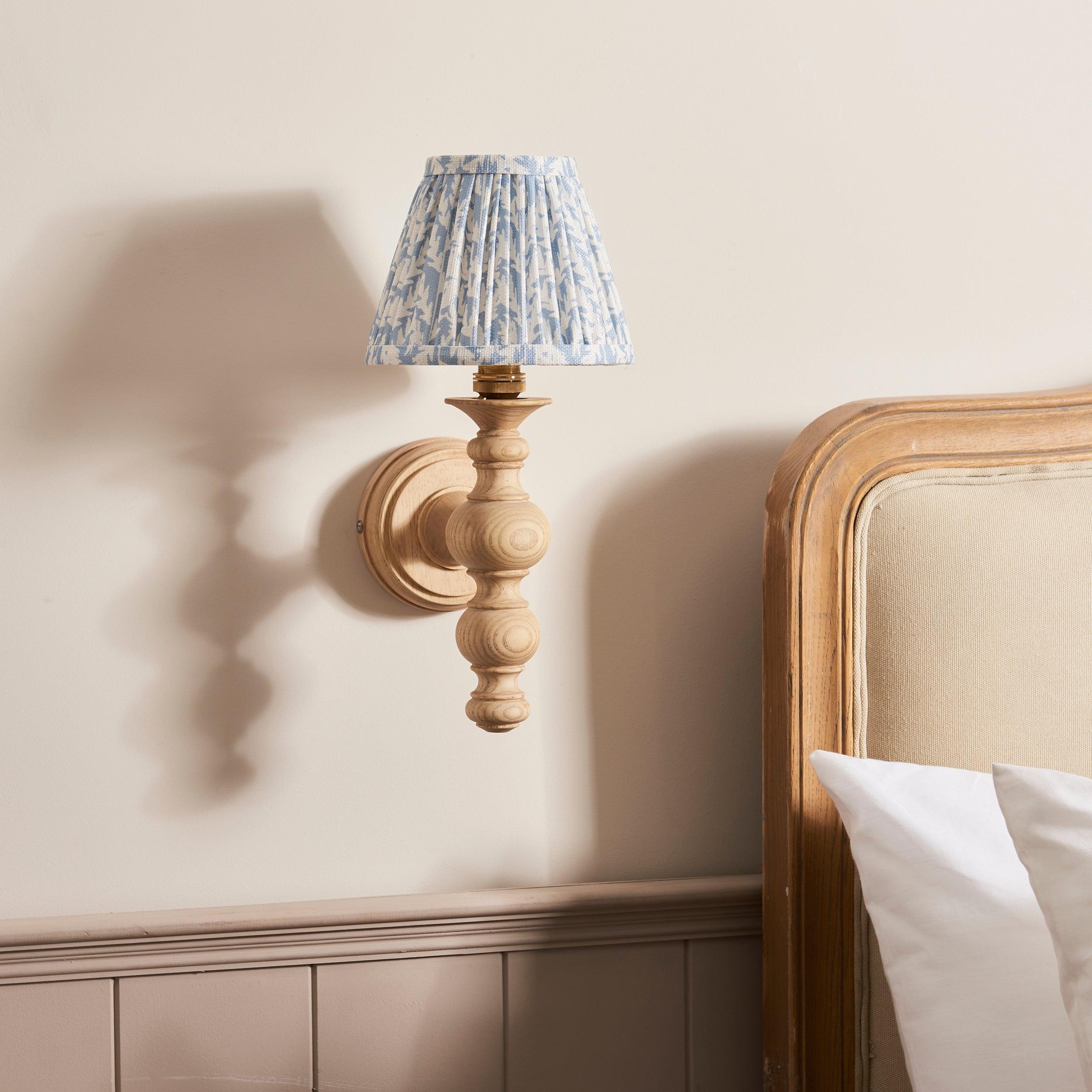 Bibury Wooden Wall Light & Leaf 16cm Shell Bay Blue Shade