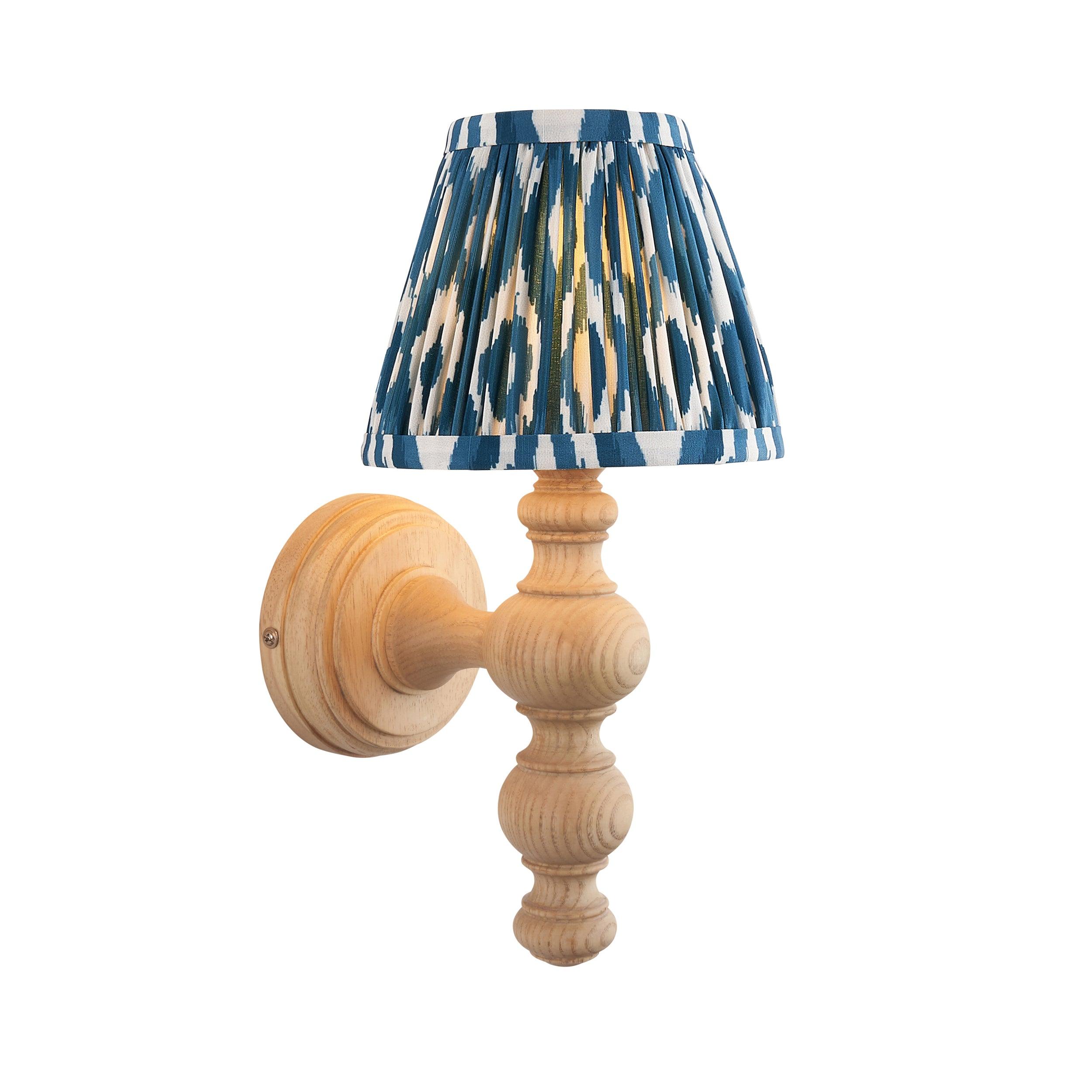 Bibury Wooden Wall Light & Ikat 16cm Marlin Blue Shade