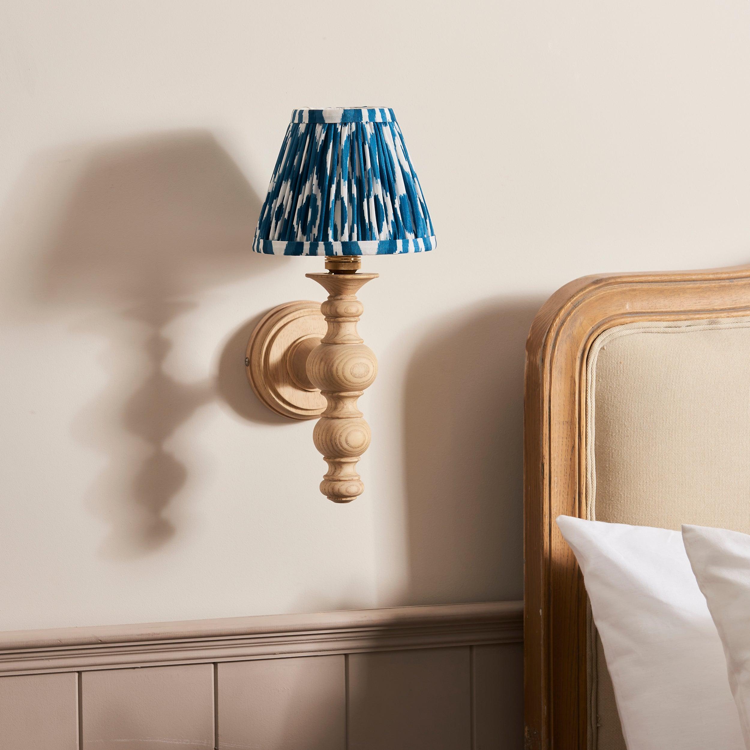 Bibury Wooden Wall Light & Ikat 16cm Marlin Blue Shade