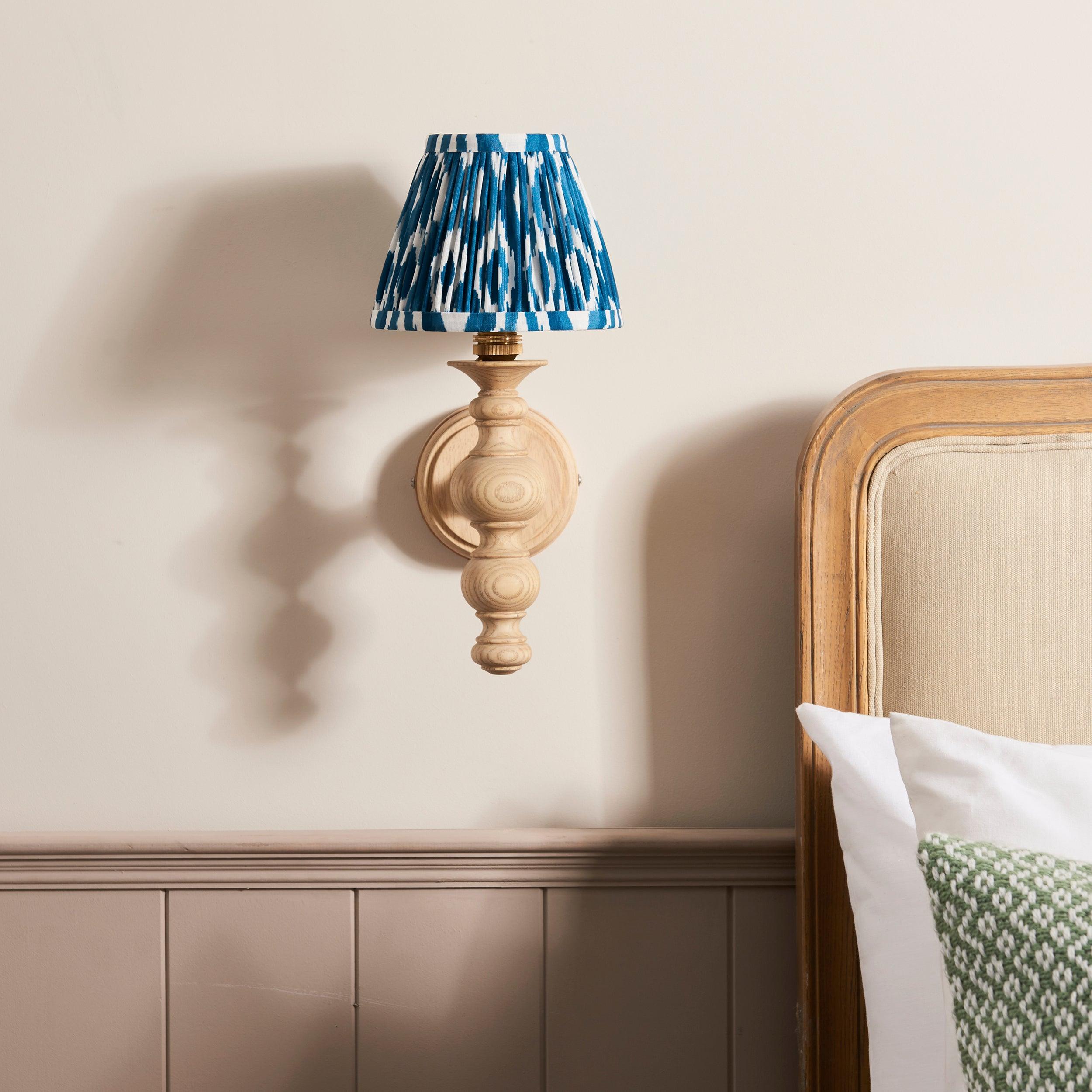 Bibury Wooden Wall Light & Ikat 16cm Marlin Blue Shade