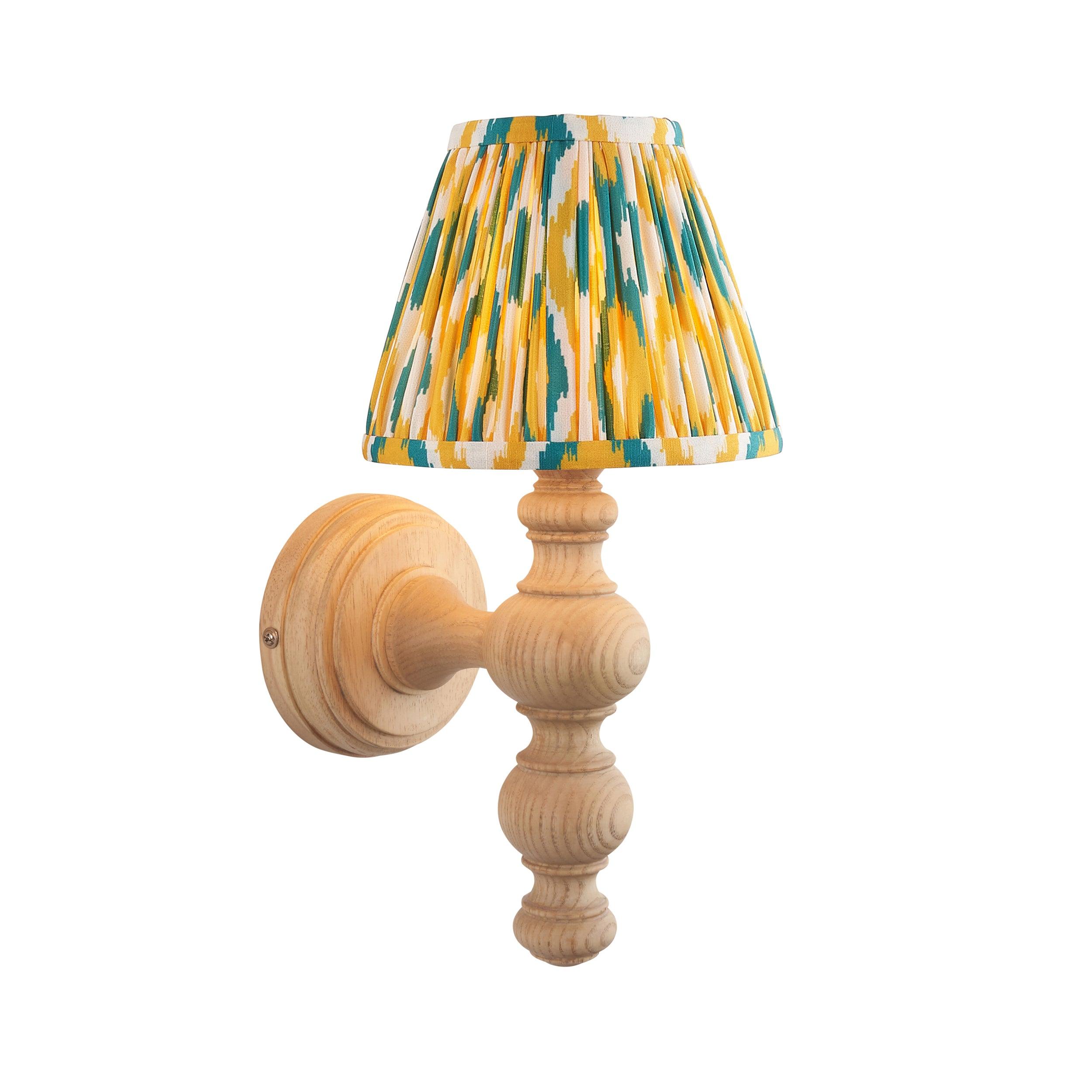 Bibury Wooden Wall Light & Ikat 16cm Yellow & Jade Shade