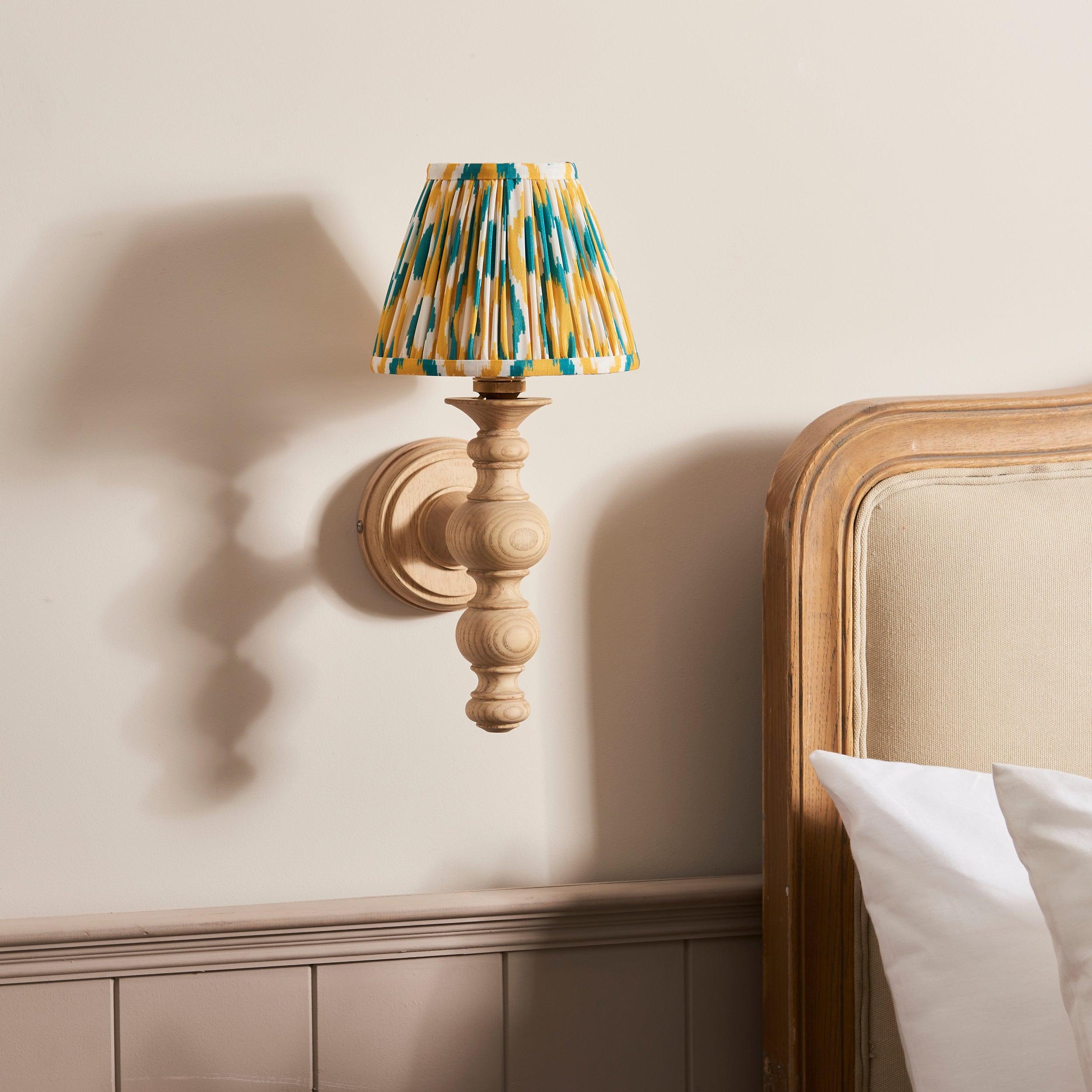 Bibury Wooden Wall Light & Ikat 16cm Yellow & Jade Shade