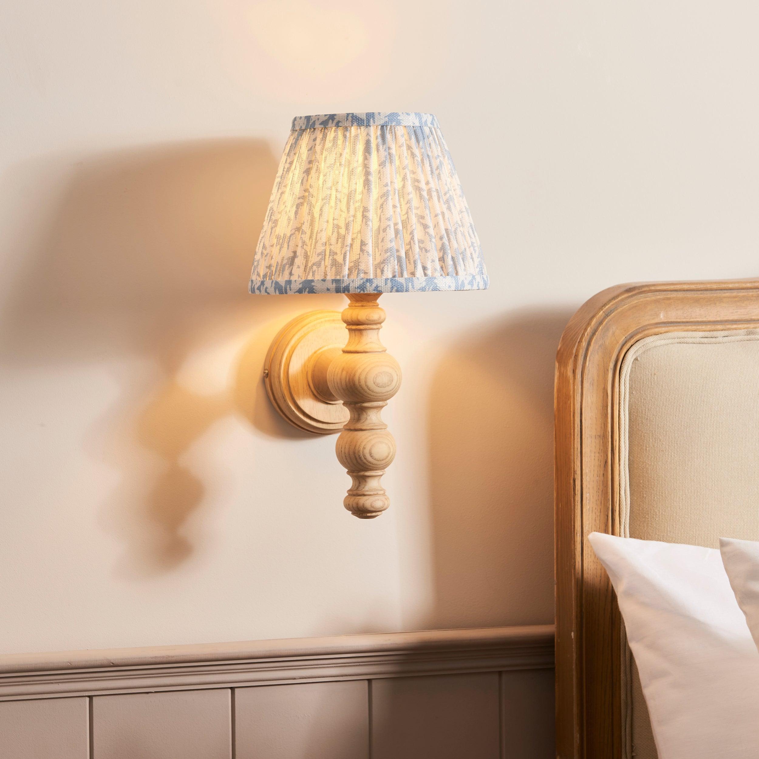 Bibury Wooden Wall Light & Leaf 20cm Shell Bay Blue Shade