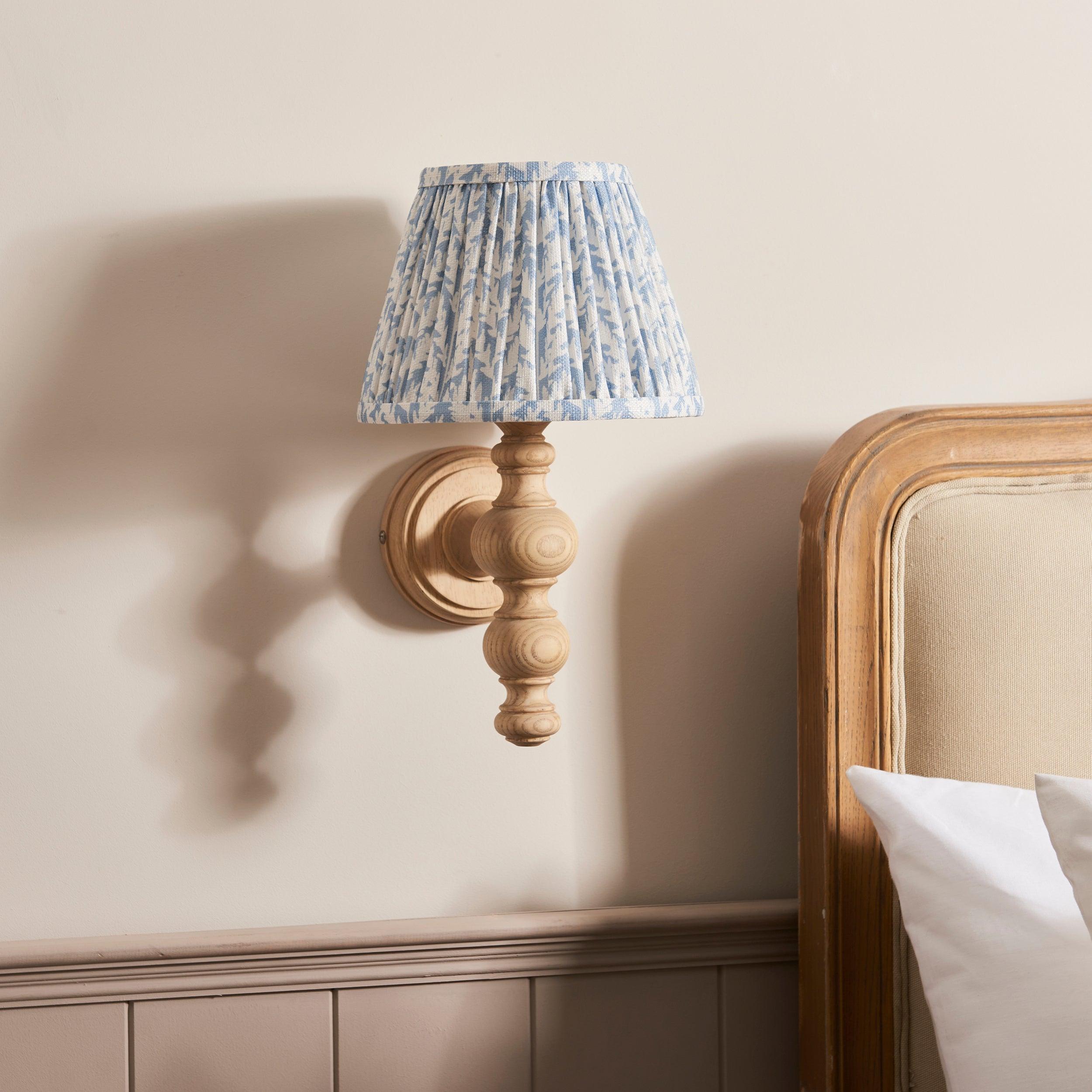 Bibury Wooden Wall Light & Leaf 20cm Shell Bay Blue Shade