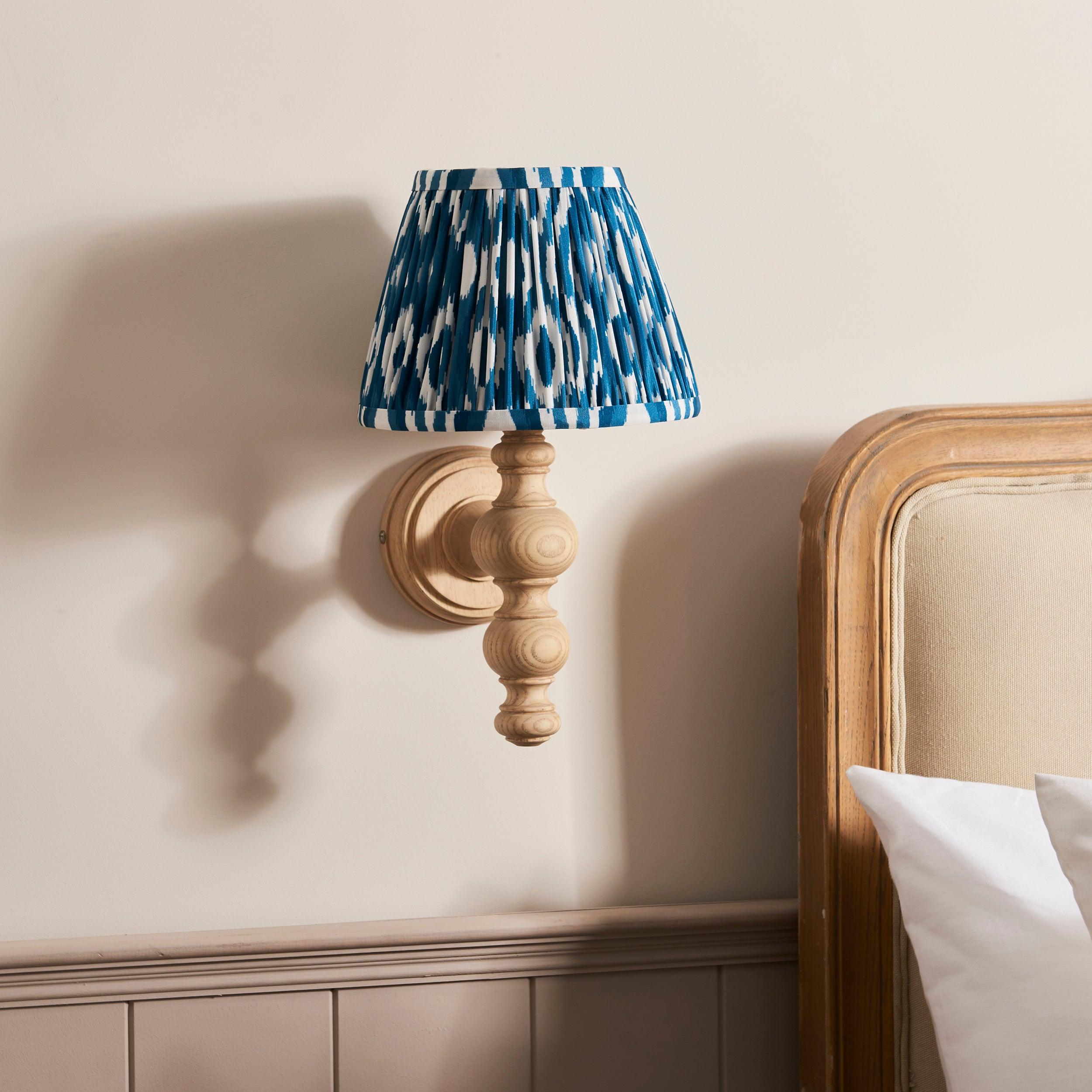 Bibury Wooden Wall Light & Ikat 20cm Marlin Blue Shade