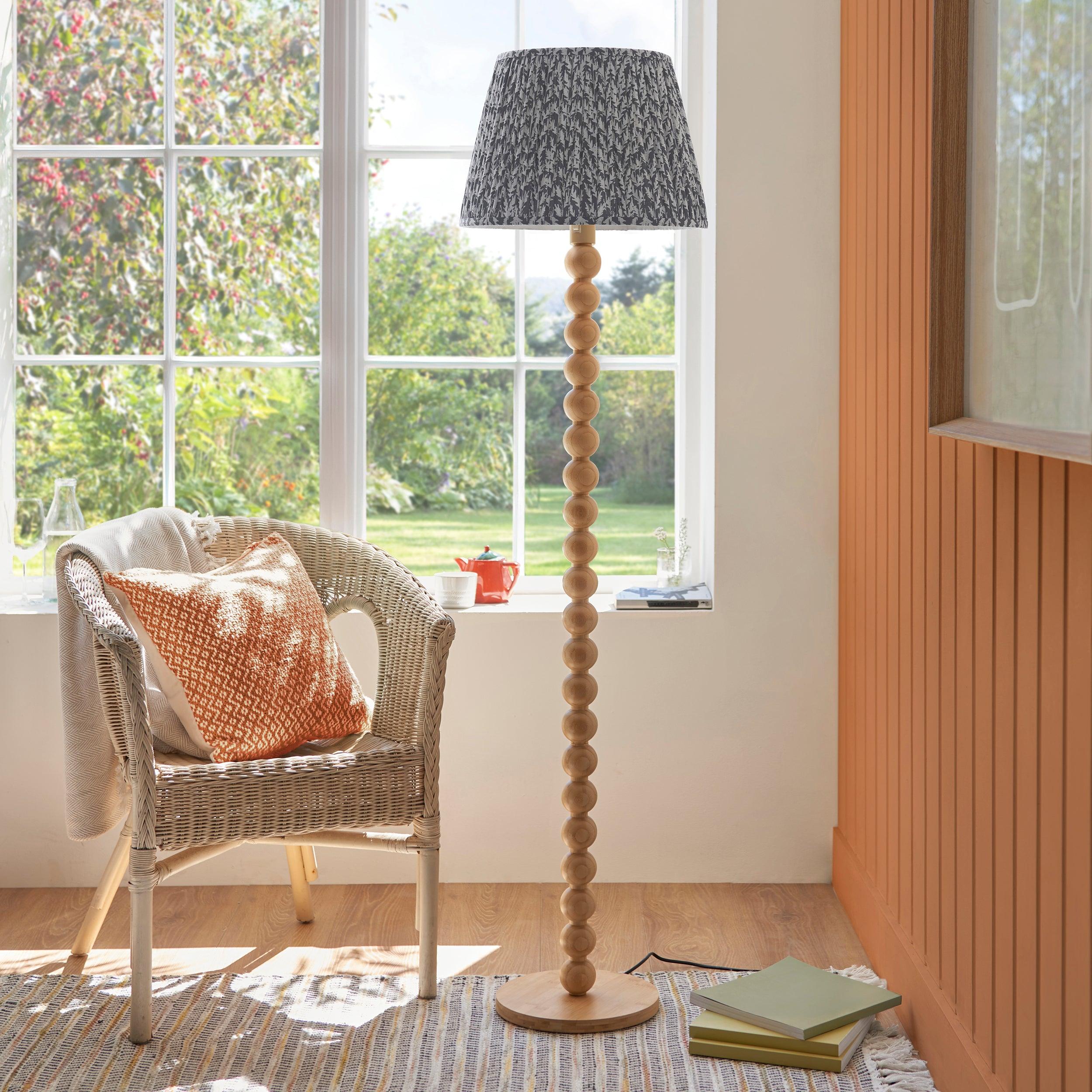 Cane Bamboo Floor Lamp & Leaf 40cm Pearl Grey Shade