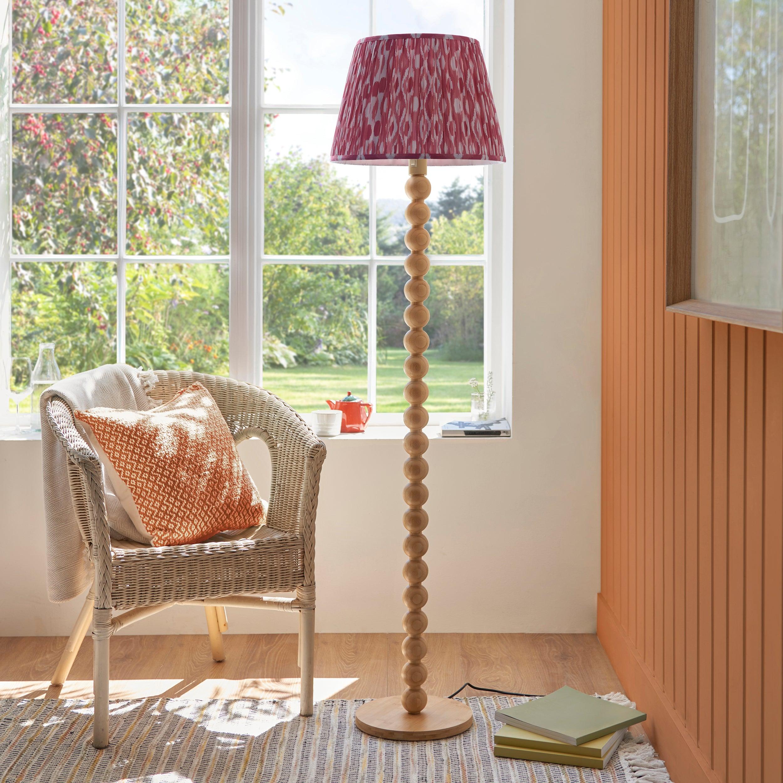 Cane Bamboo Floor Lamp & Ikat 40cm Coral Pink Shade