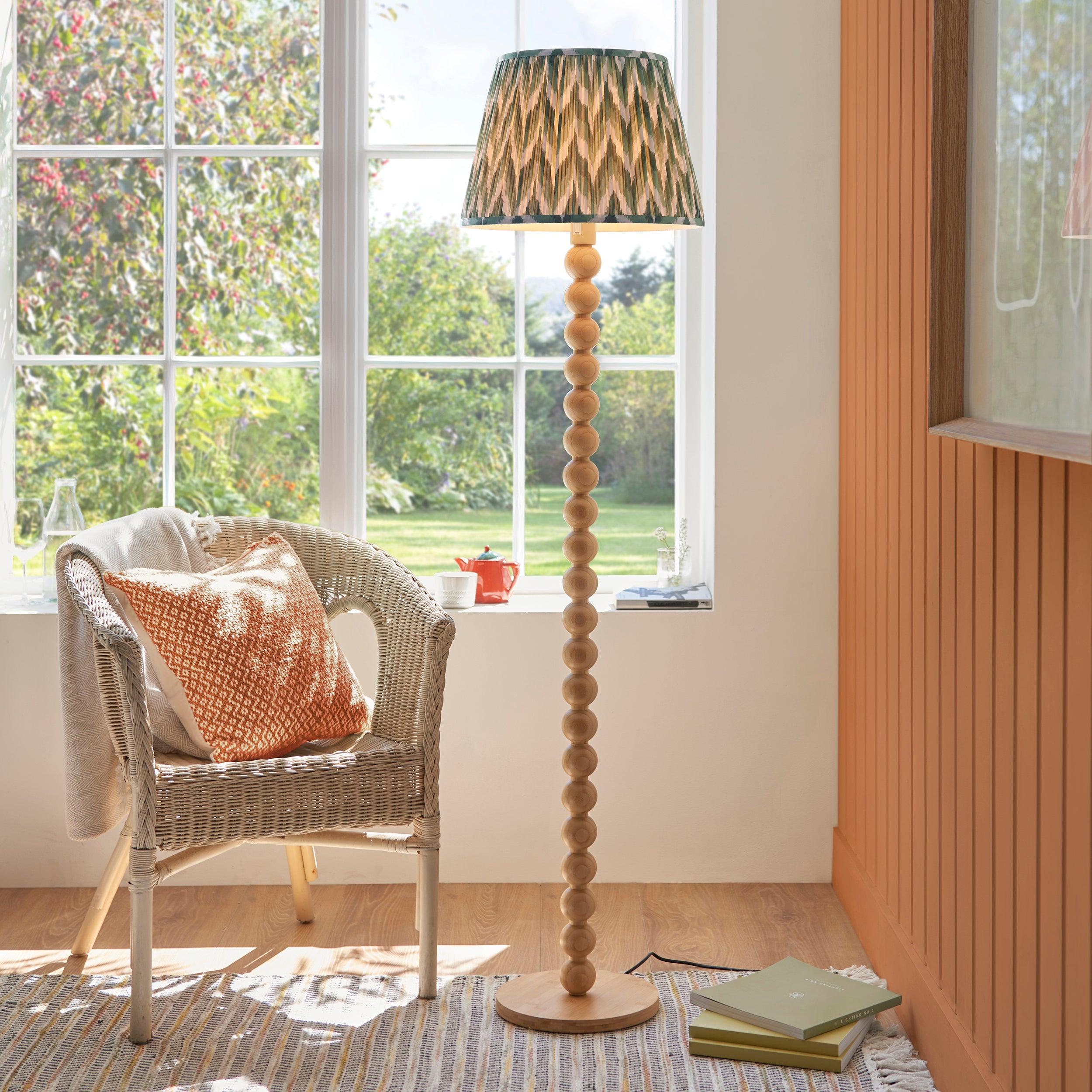 Cane Bamboo Floor Lamp & Zigzag 40cm Cotswold Green Shade