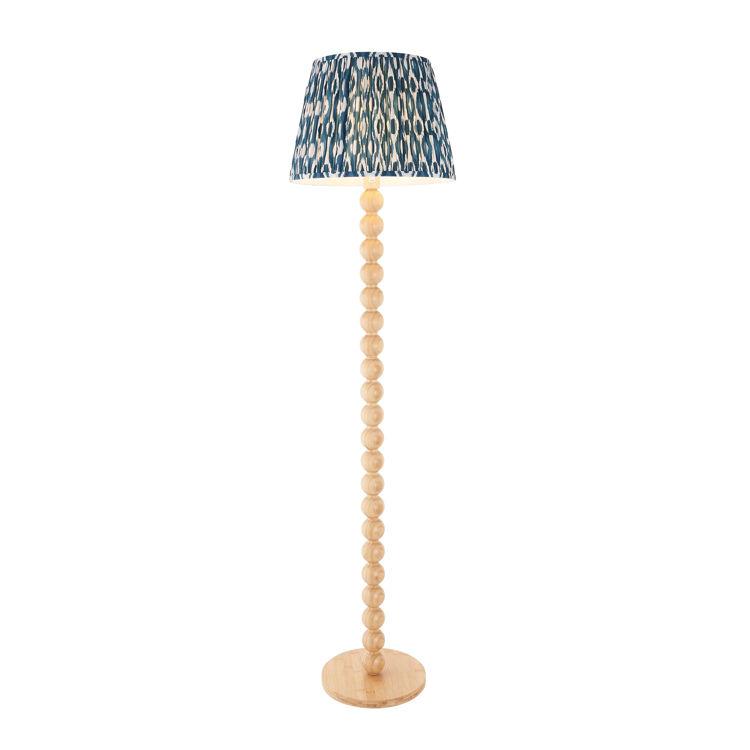 Cane Bamboo Floor Lamp & Ikat 40cm Marlin Blue Shade