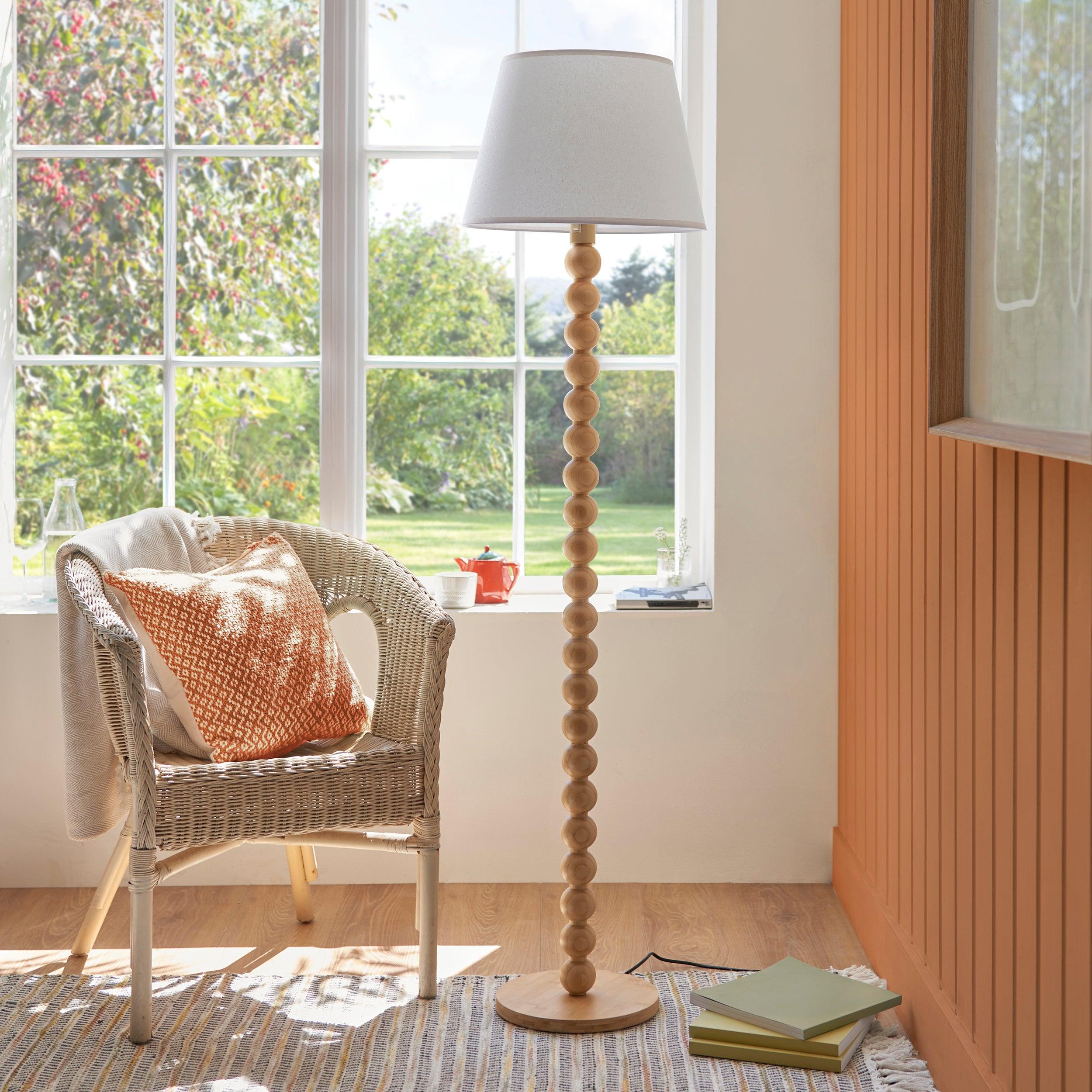 Cane Bamboo Floor Lamp & Ivy 40cm Vintage White Shade