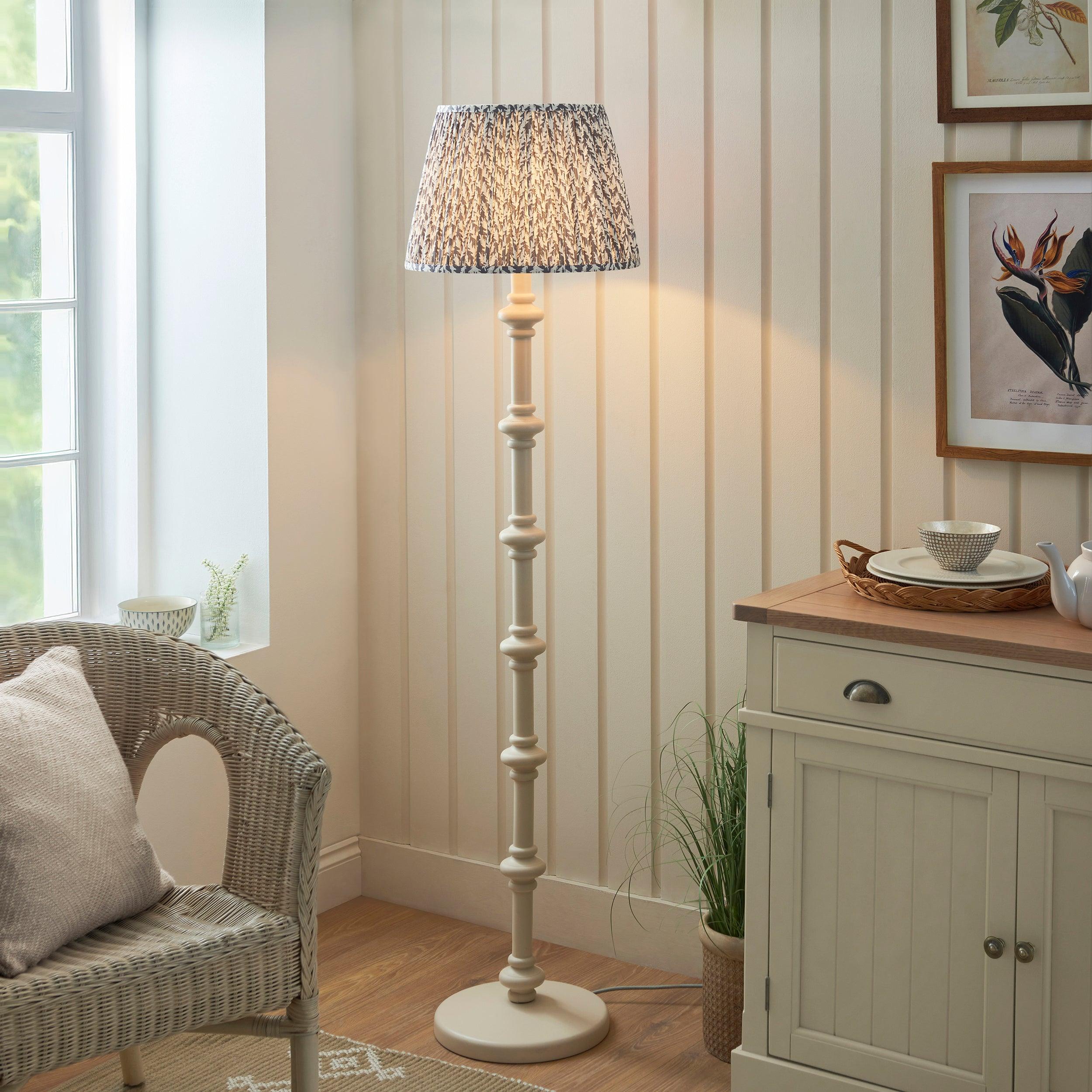 Carnaby White Wooden Floor Lamp & Leaf 40cm Pearl Grey Shade