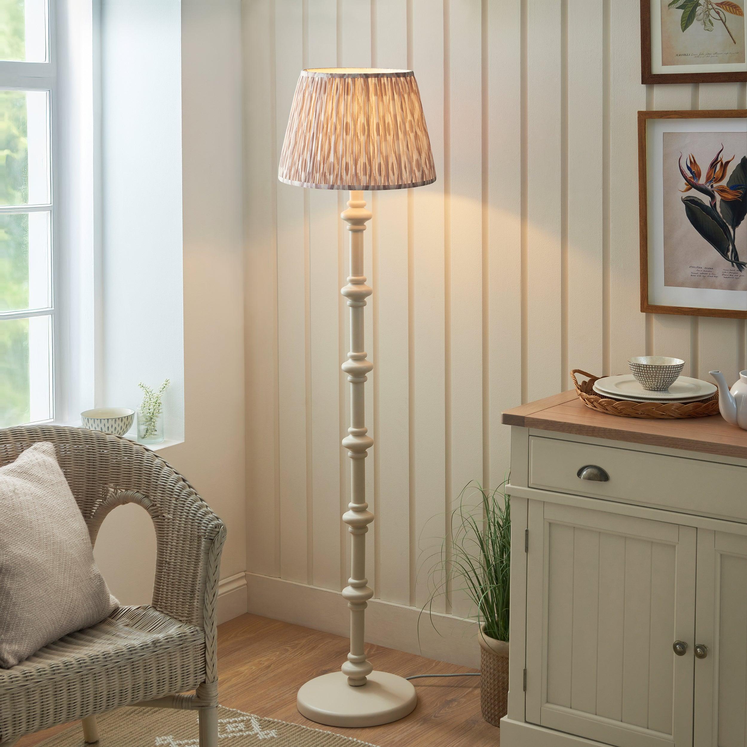 Carnaby White Wooden Floor Lamp & Ikat 40cm Neutral Shade