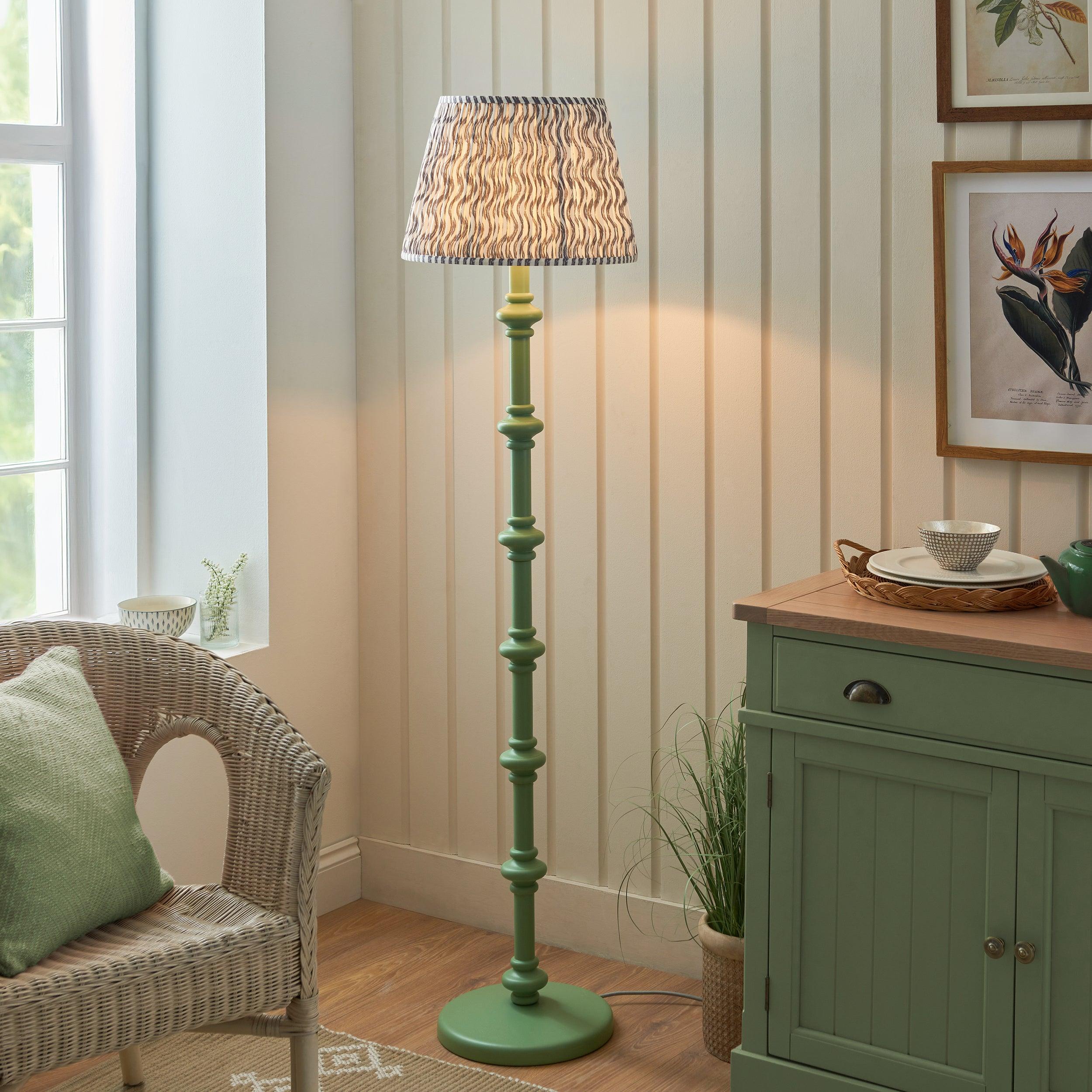 Carnaby Green Wooden Floor Lamp & Ripple 40cm Pearl Grey Shade