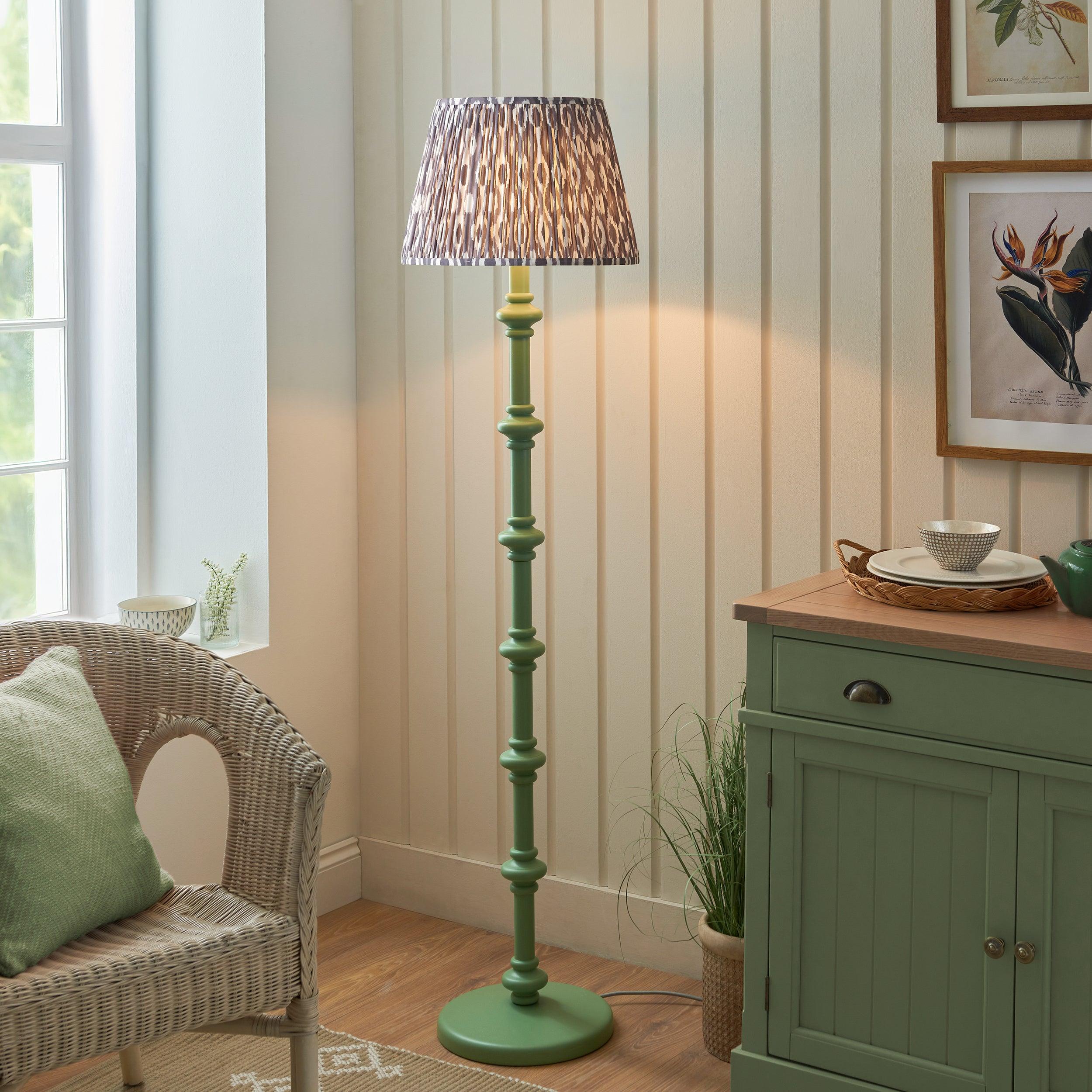 Carnaby Green Wooden Floor Lamp & Ikat 40cm Pearl Grey Shade