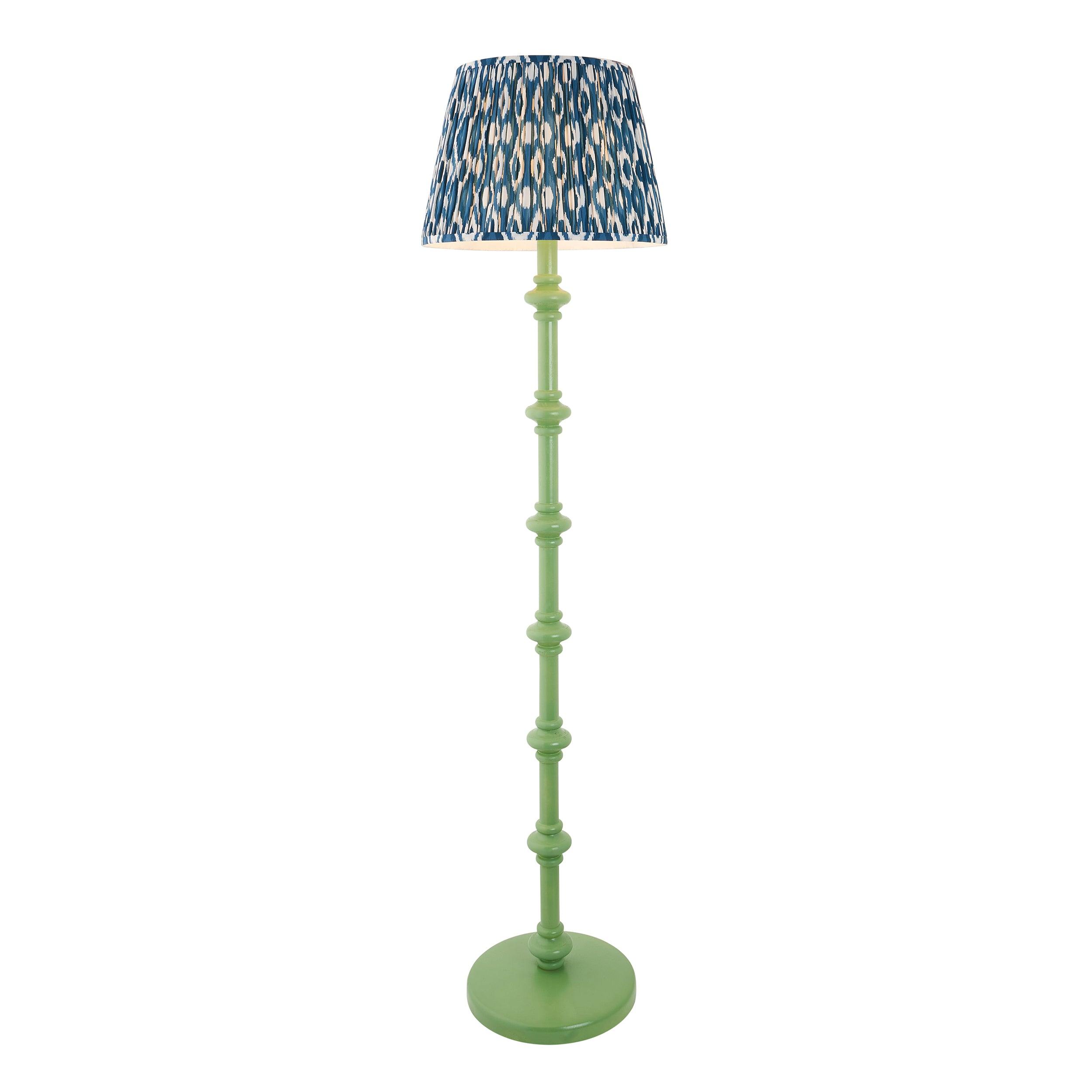 Carnaby Green Wooden Floor Lamp & Ikat 40cm Marlin Blue Shade