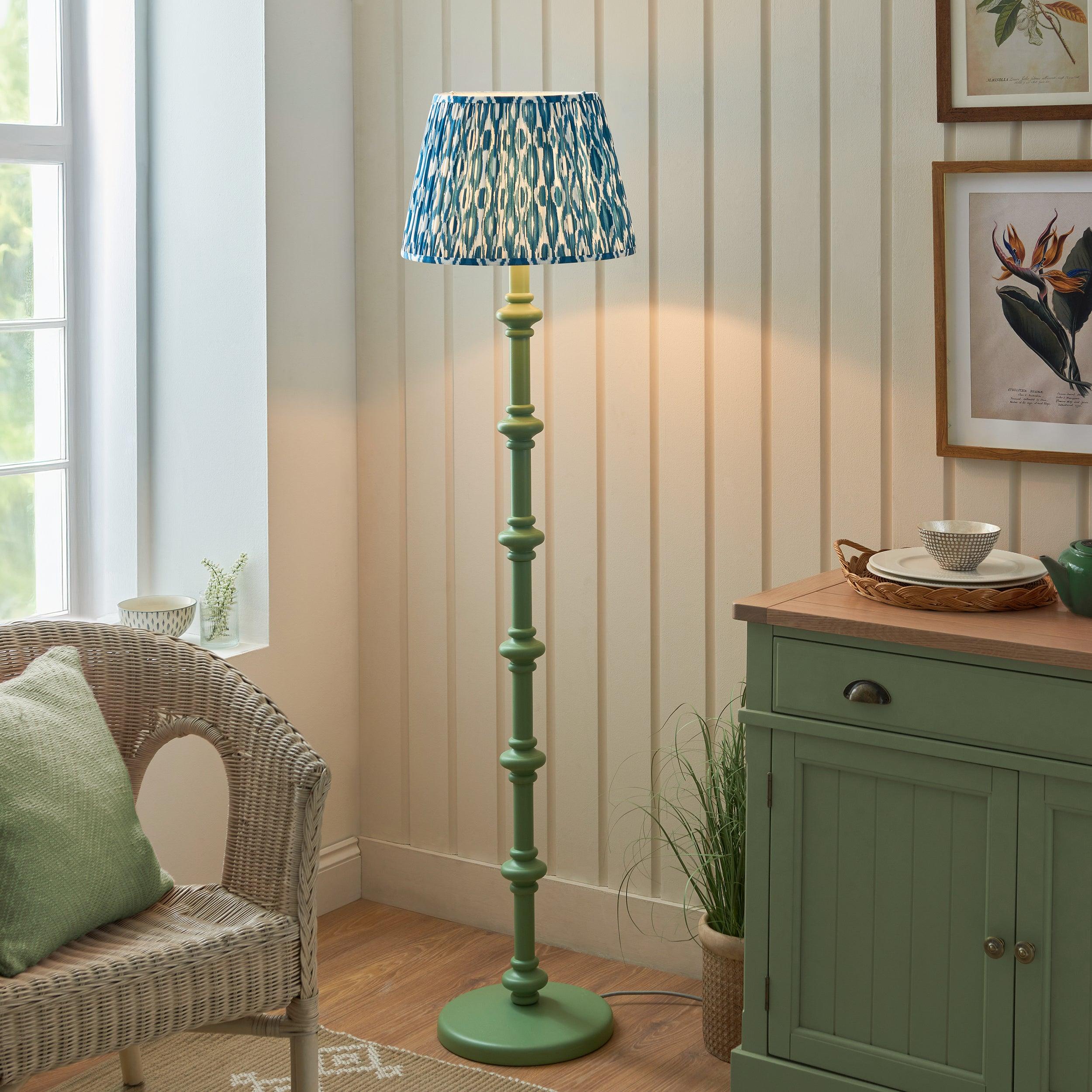 Carnaby Green Wooden Floor Lamp & Ikat 40cm Marlin Blue Shade