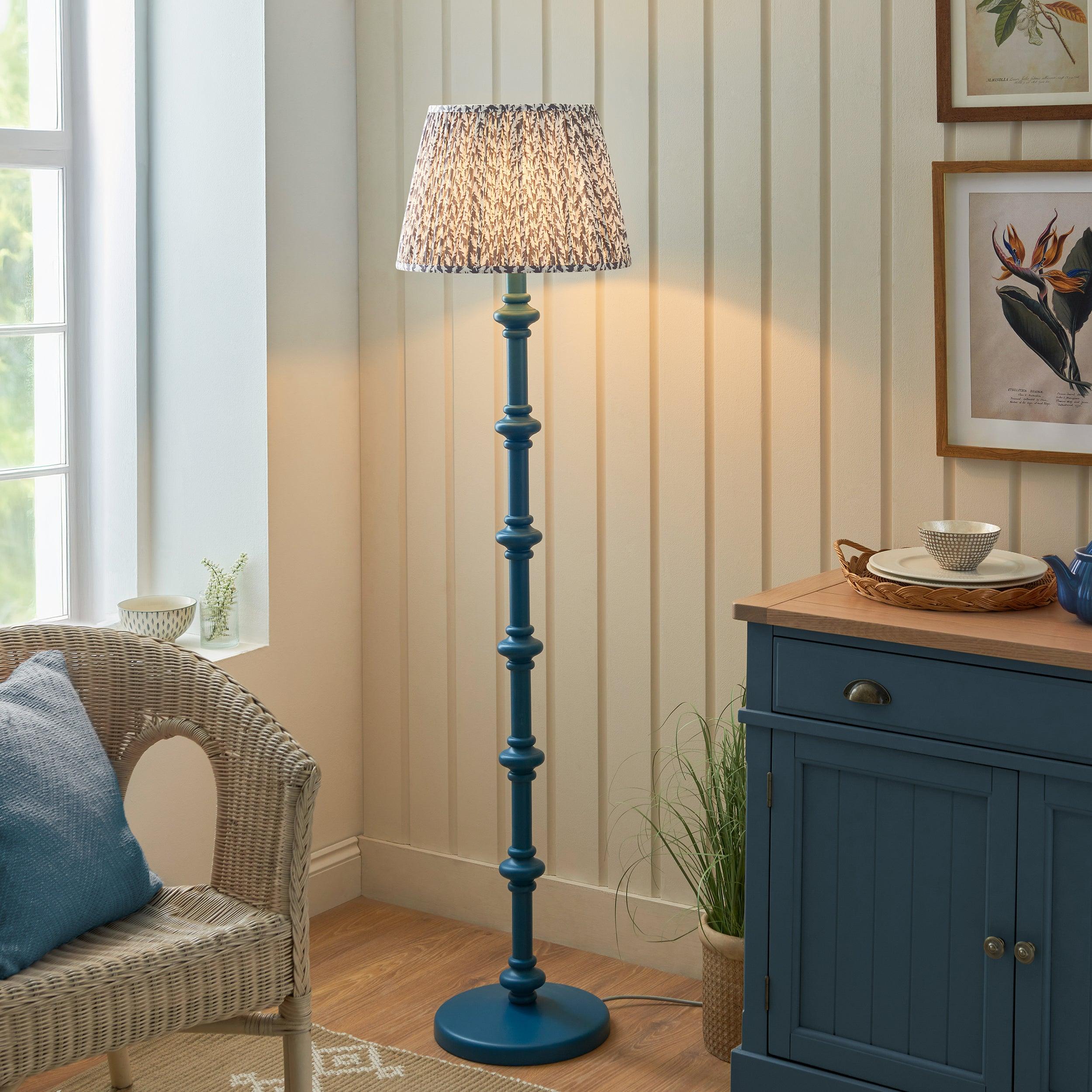 Carnaby Blue Wooden Floor Lamp & Leaf 40cm Pearl Grey Shade