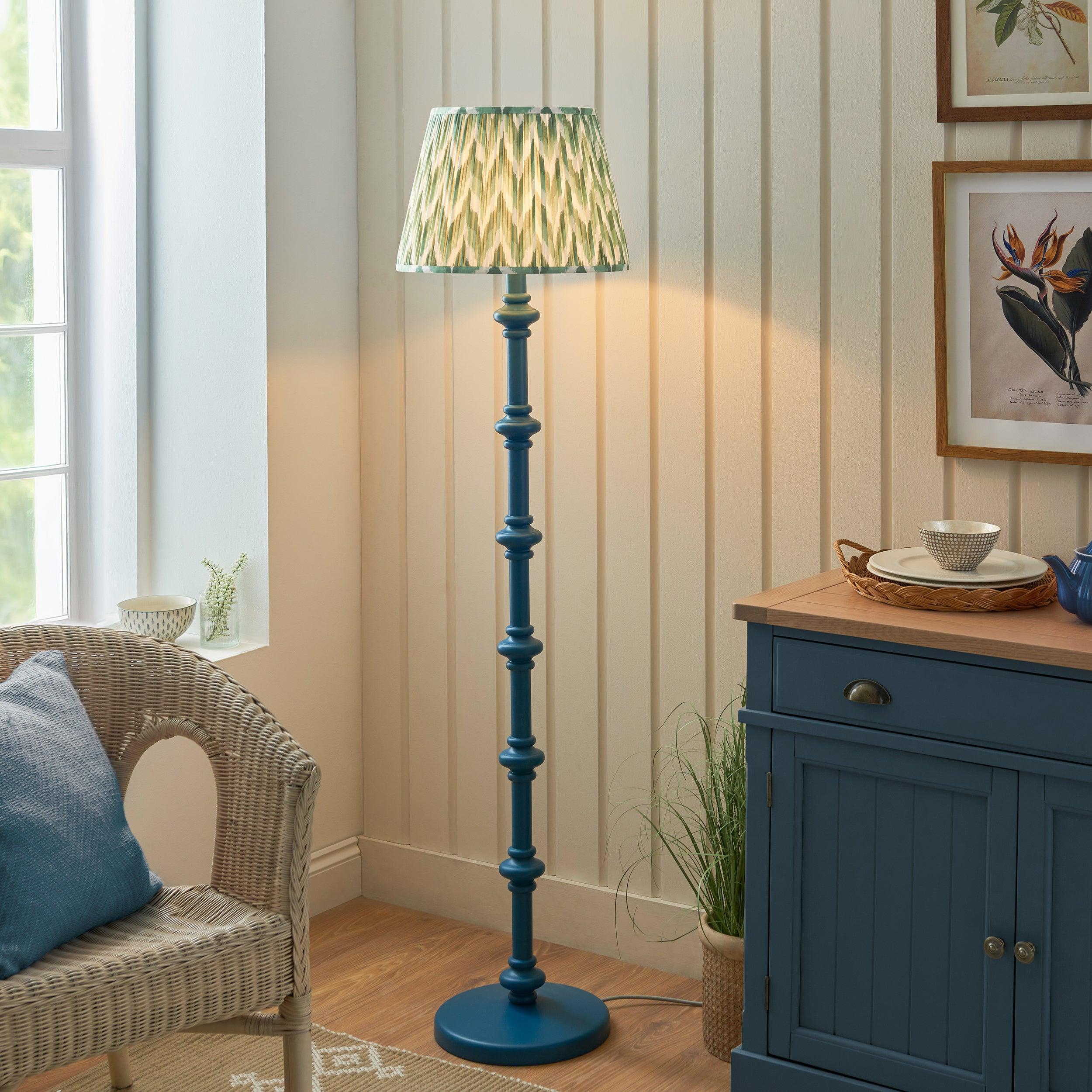 Carnaby Blue Wooden Floor Lamp & Zigzag 40cm Cotswold Green Shade