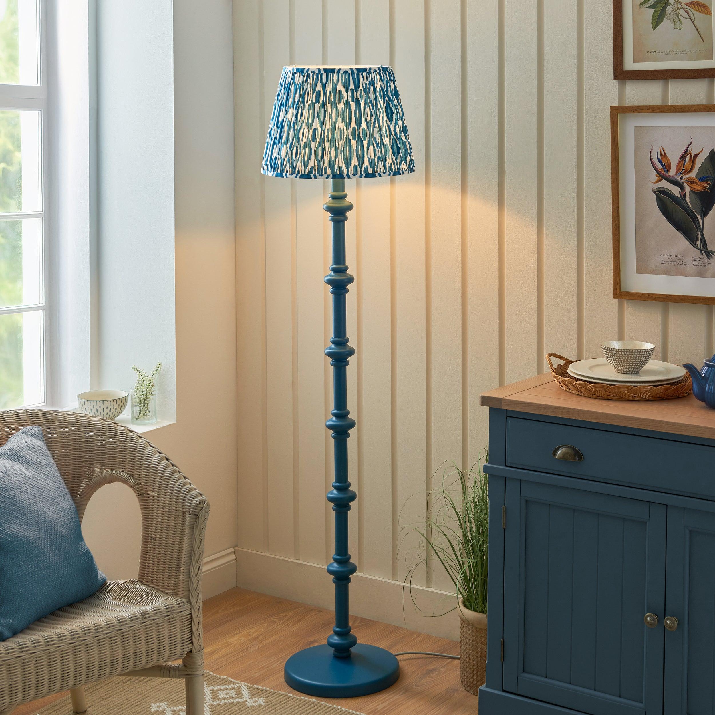 Carnaby Blue Wooden Floor Lamp & Ikat 40cm Marlin Blue Shade