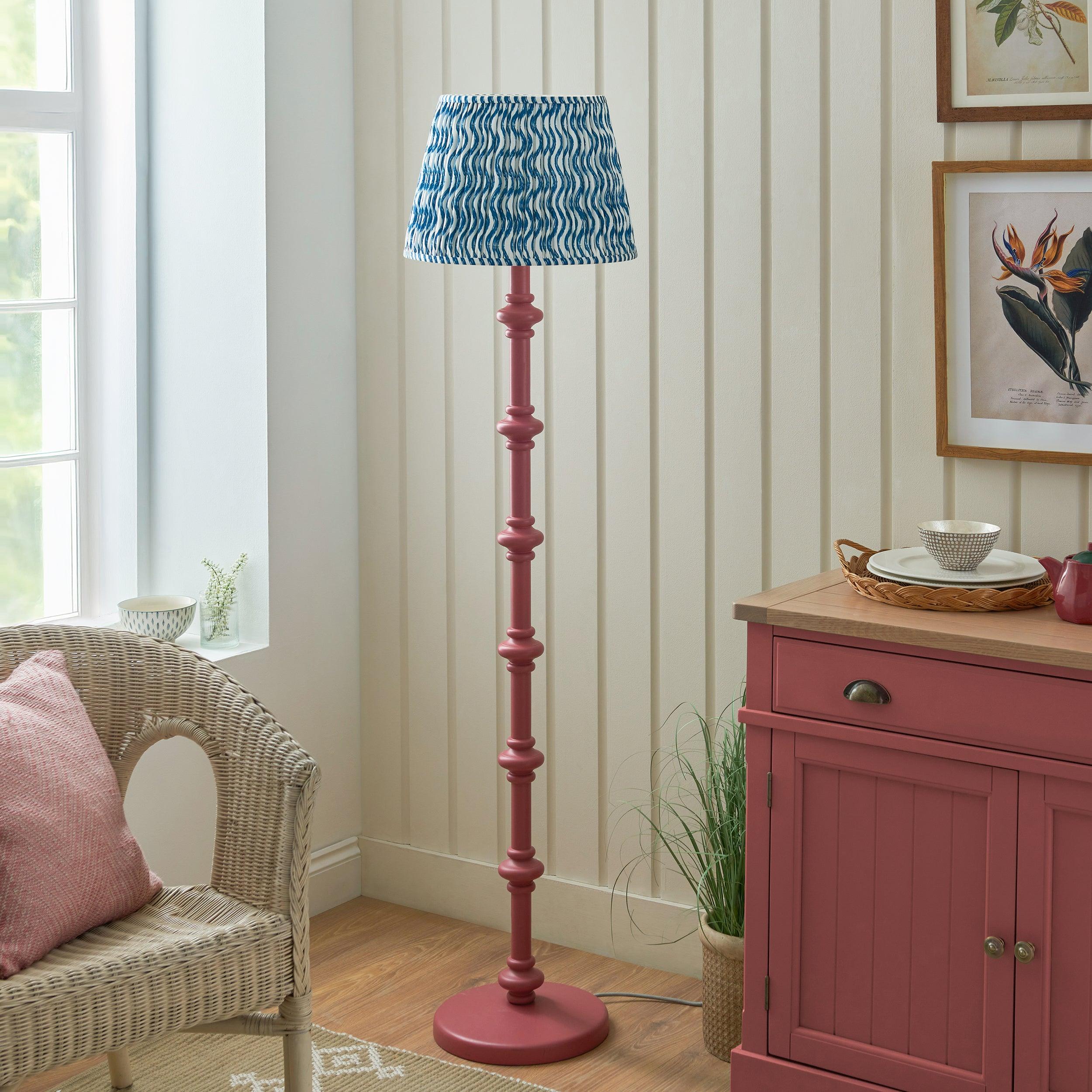 Carnaby Pink Wooden Floor Lamp & Ripple 40cm Marlin Blue Shade