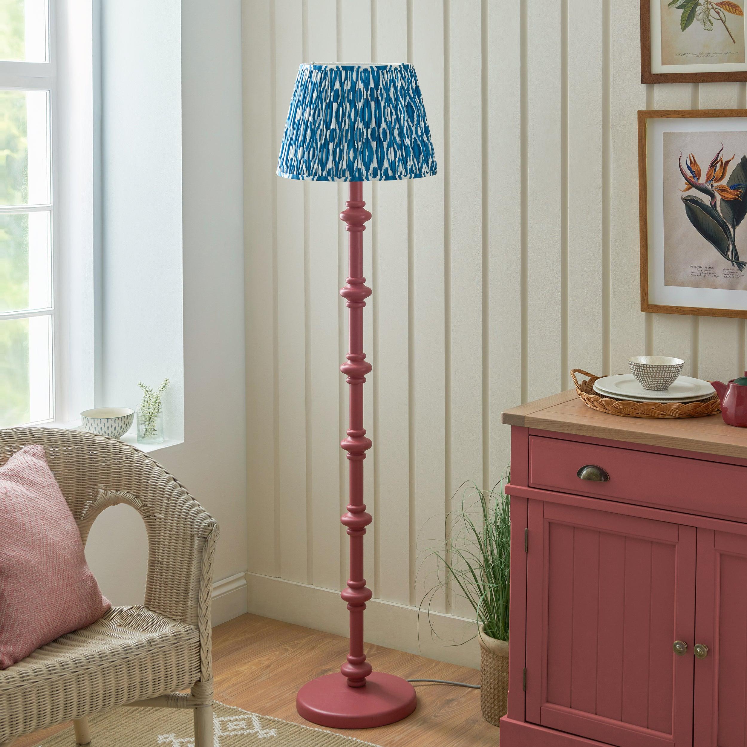 Carnaby Pink Wooden Floor Lamp & Ikat 40cm Marlin Blue Shade
