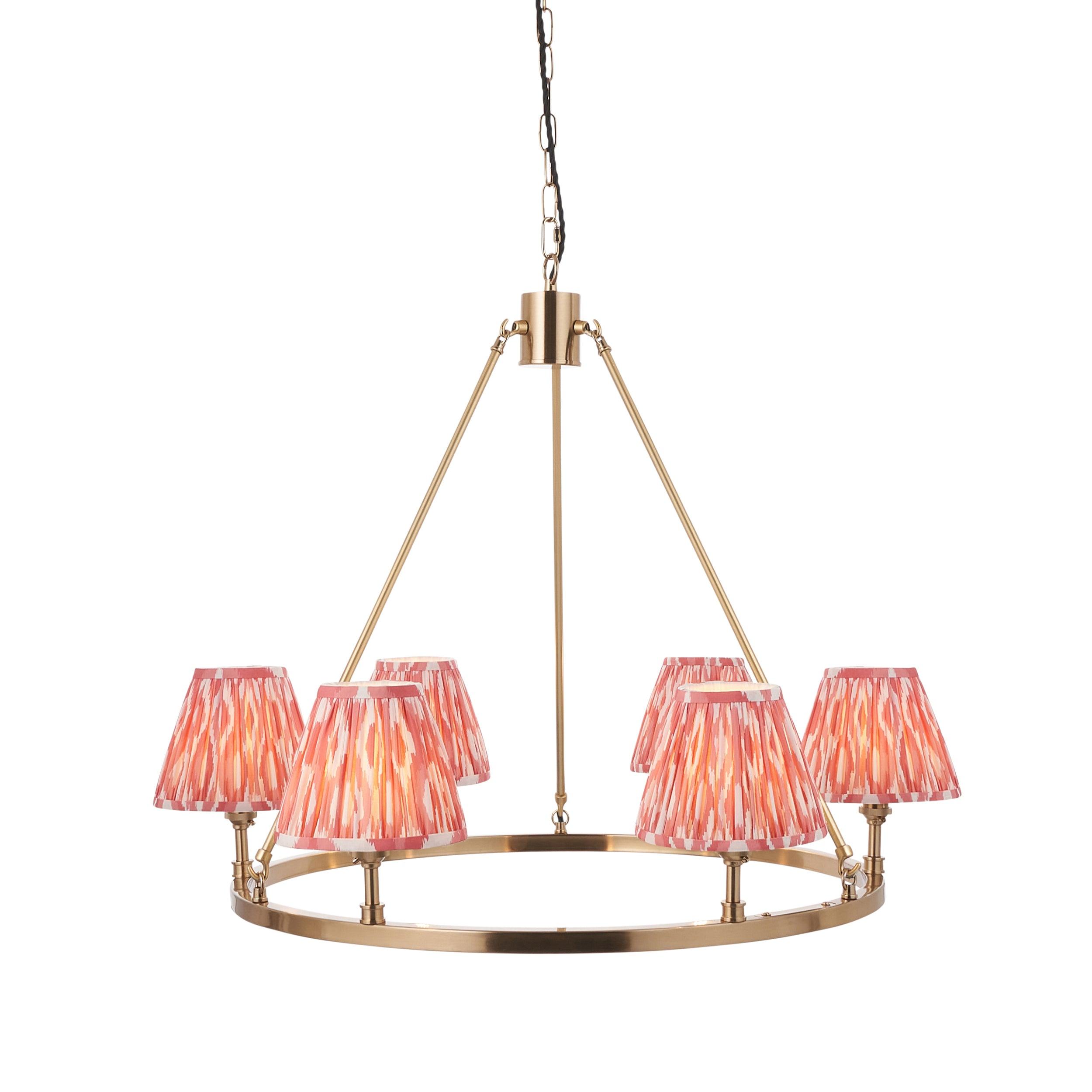 Chester Large Brass Ceiling Pendant Light With Pink Ikat 16cm Shades