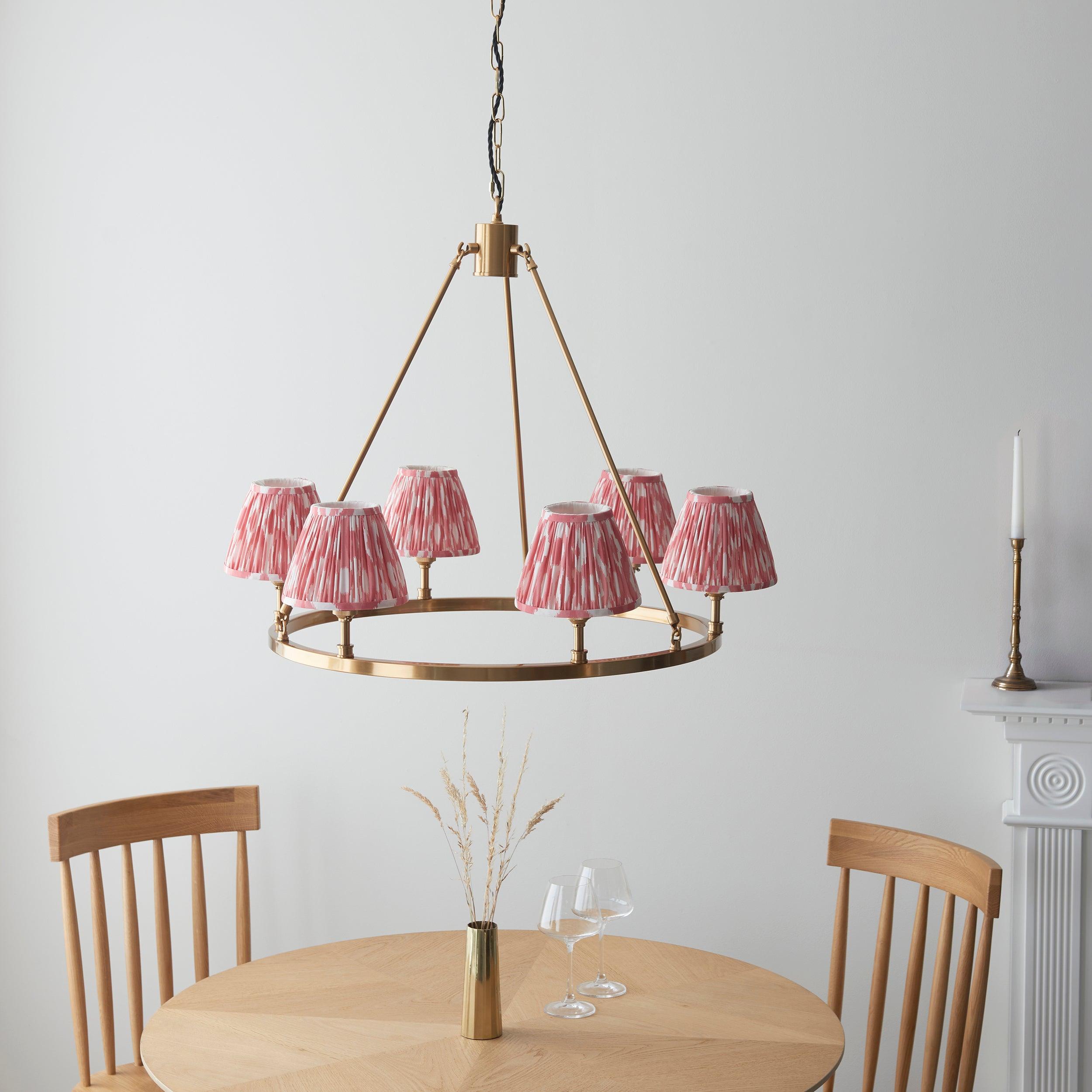 Chester Large Brass Ceiling Pendant Light With Pink Ikat 16cm Shades