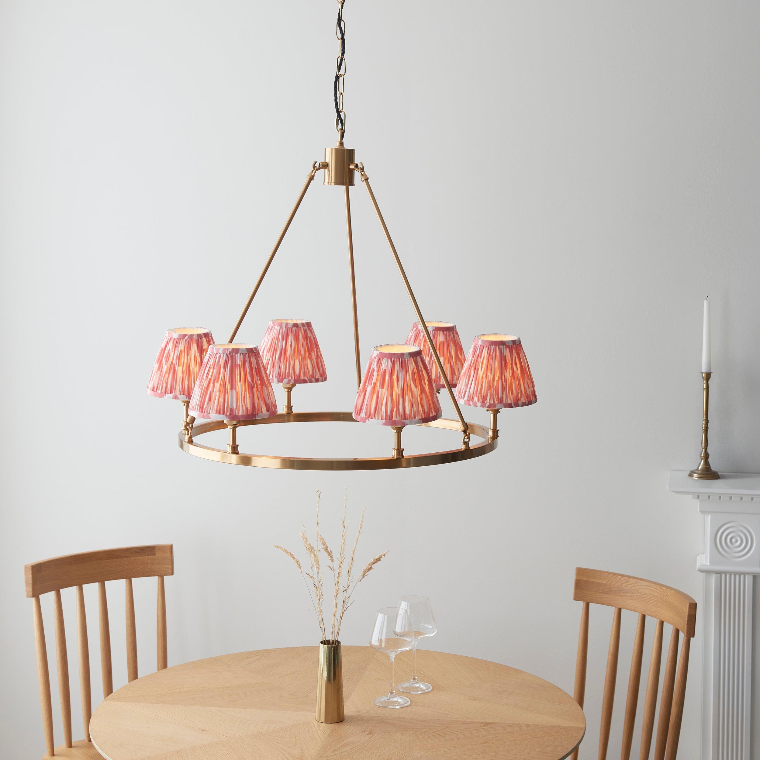 Chester Large Brass Ceiling Pendant Light With Pink Ikat 16cm Shades