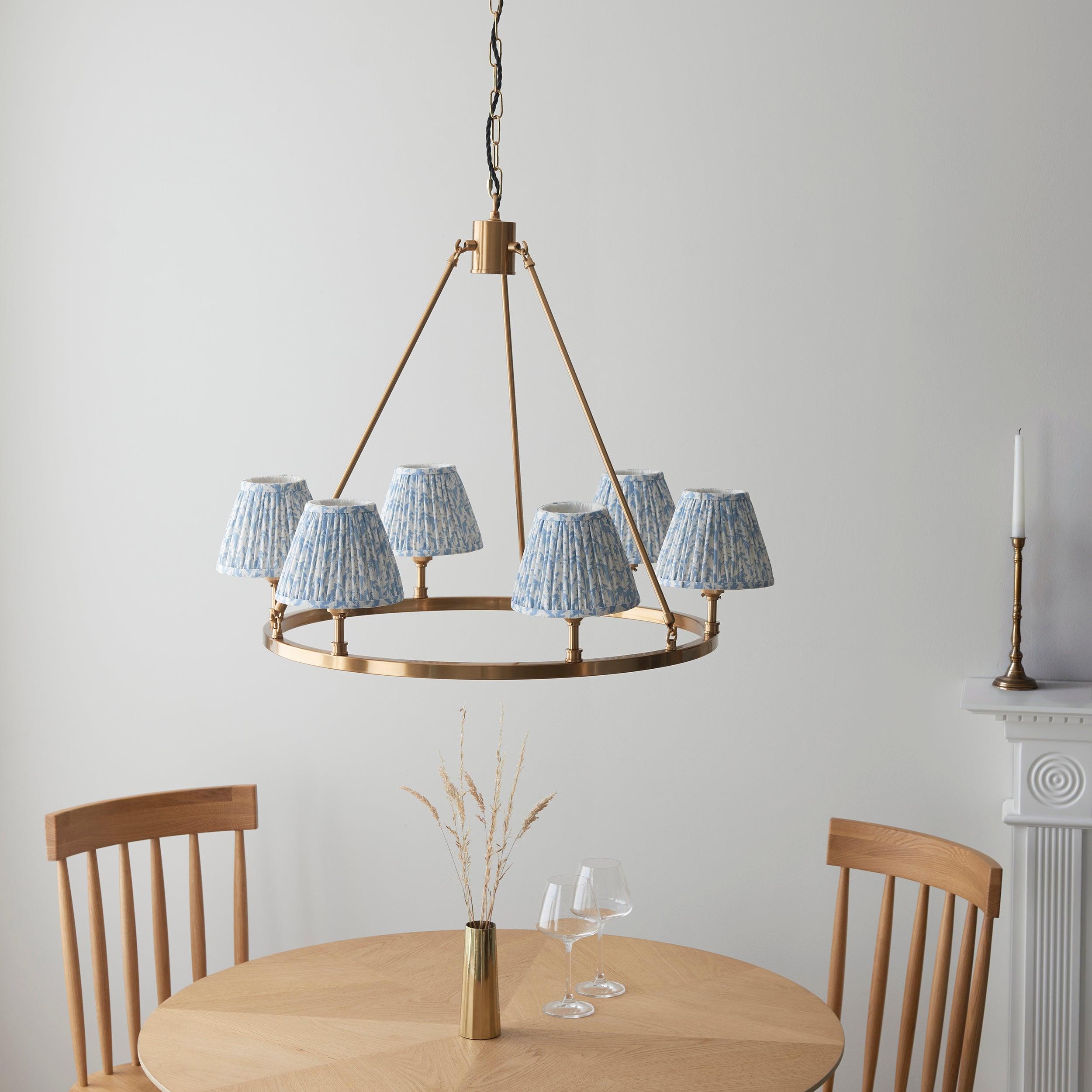 Chester Large Brass Ceiling Pendant Light With Shell Blue Leaf 16cm Shades