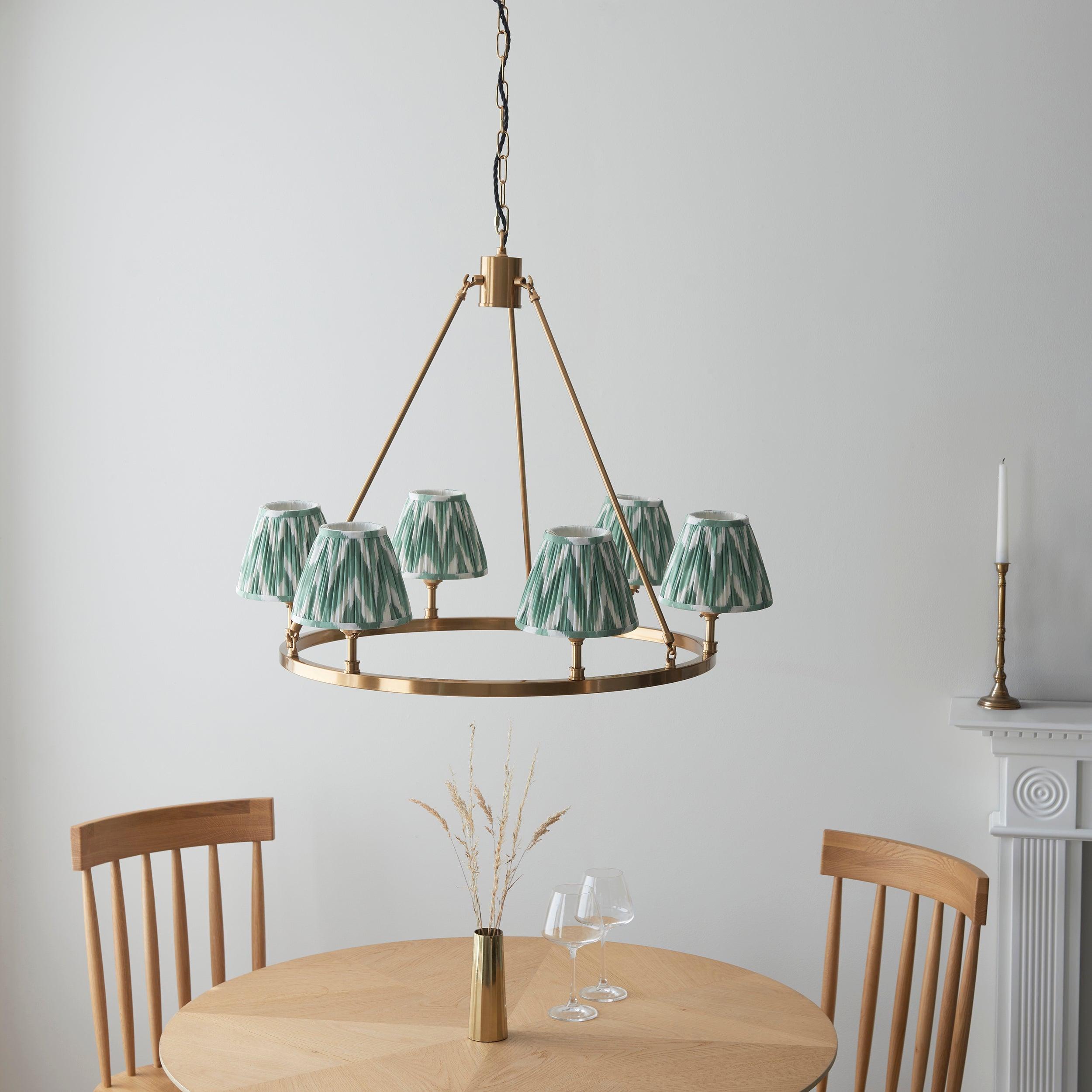 Chester Large Brass Ceiling Pendant Light With Green Zigzag 16cm Shades