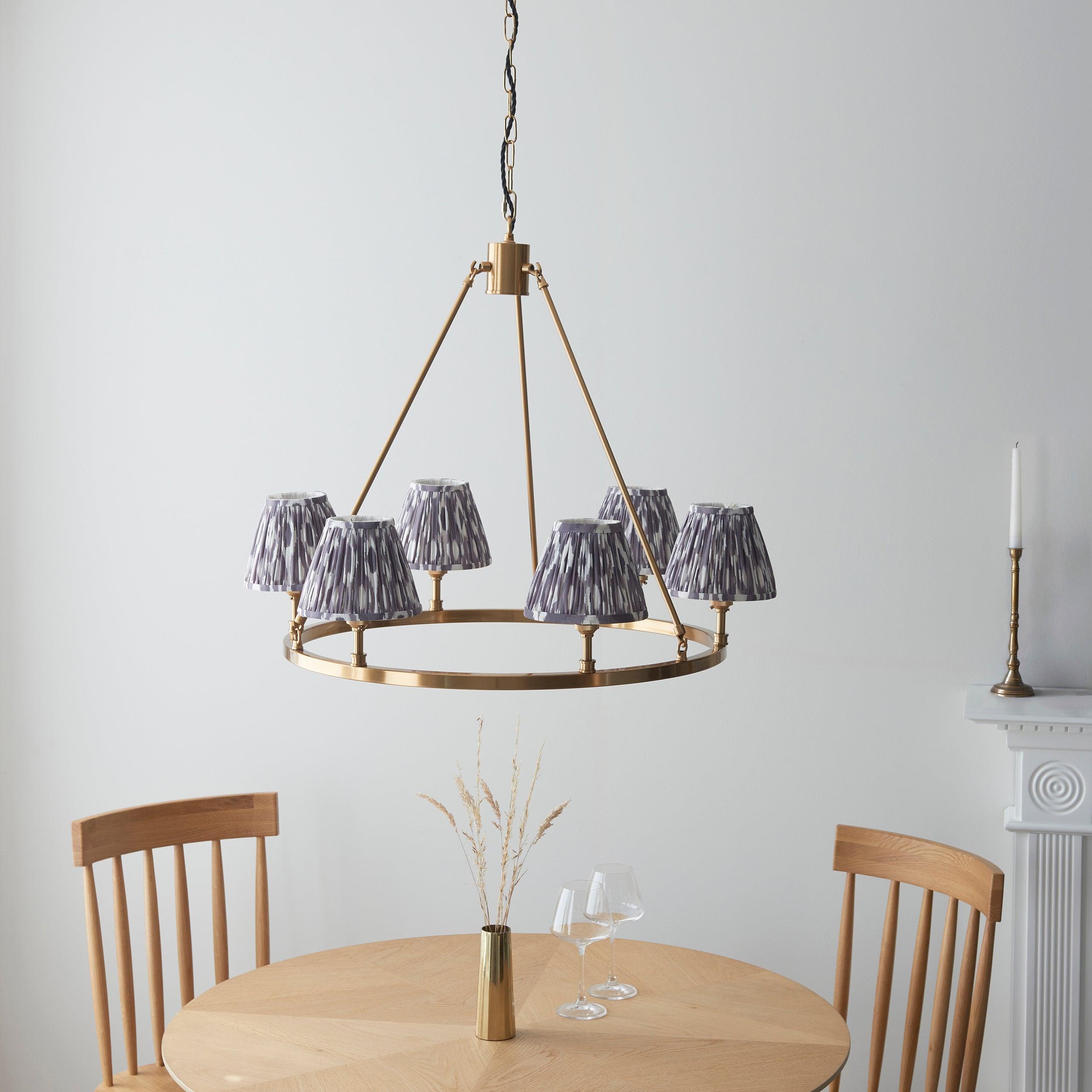 Chester Large Brass Ceiling Pendant Light With Grey Ikat 16cm Shades