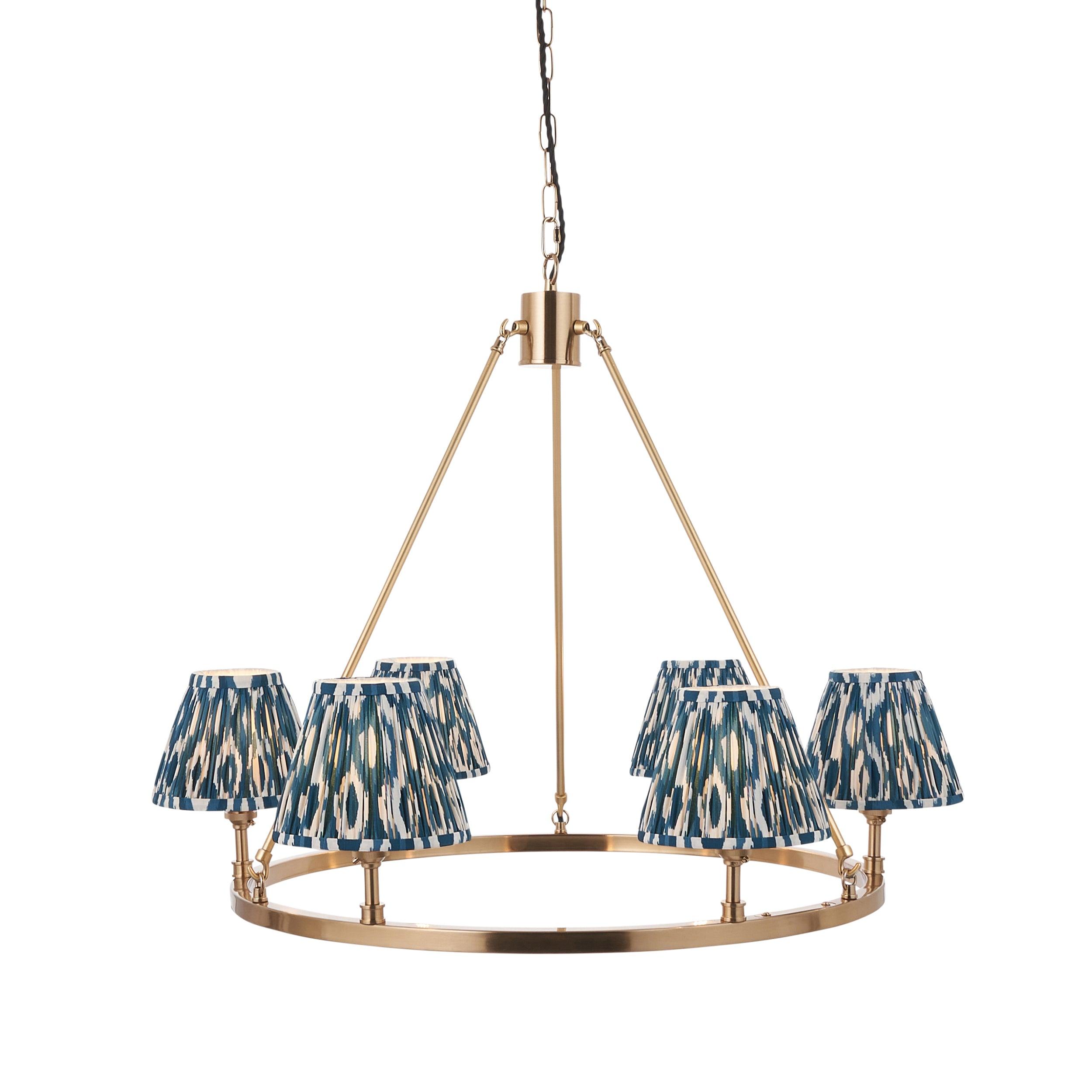Chester Large Brass Ceiling Pendant Light With Blue Ikat 16cm Shades