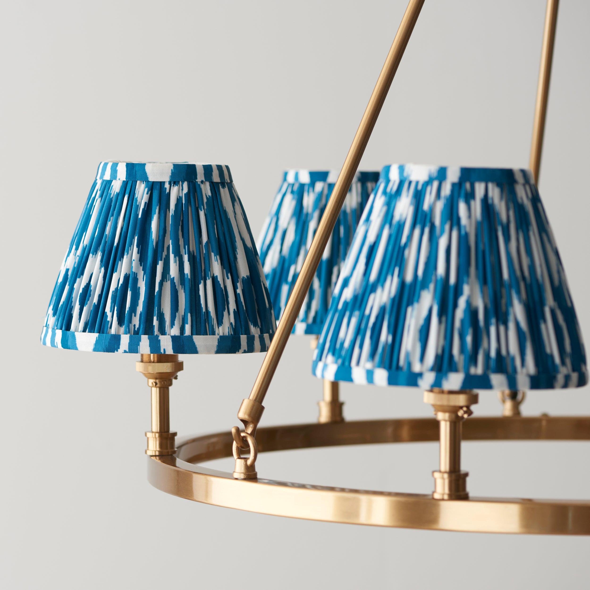 Chester Large Brass Ceiling Pendant Light With Blue Ikat 16cm Shades