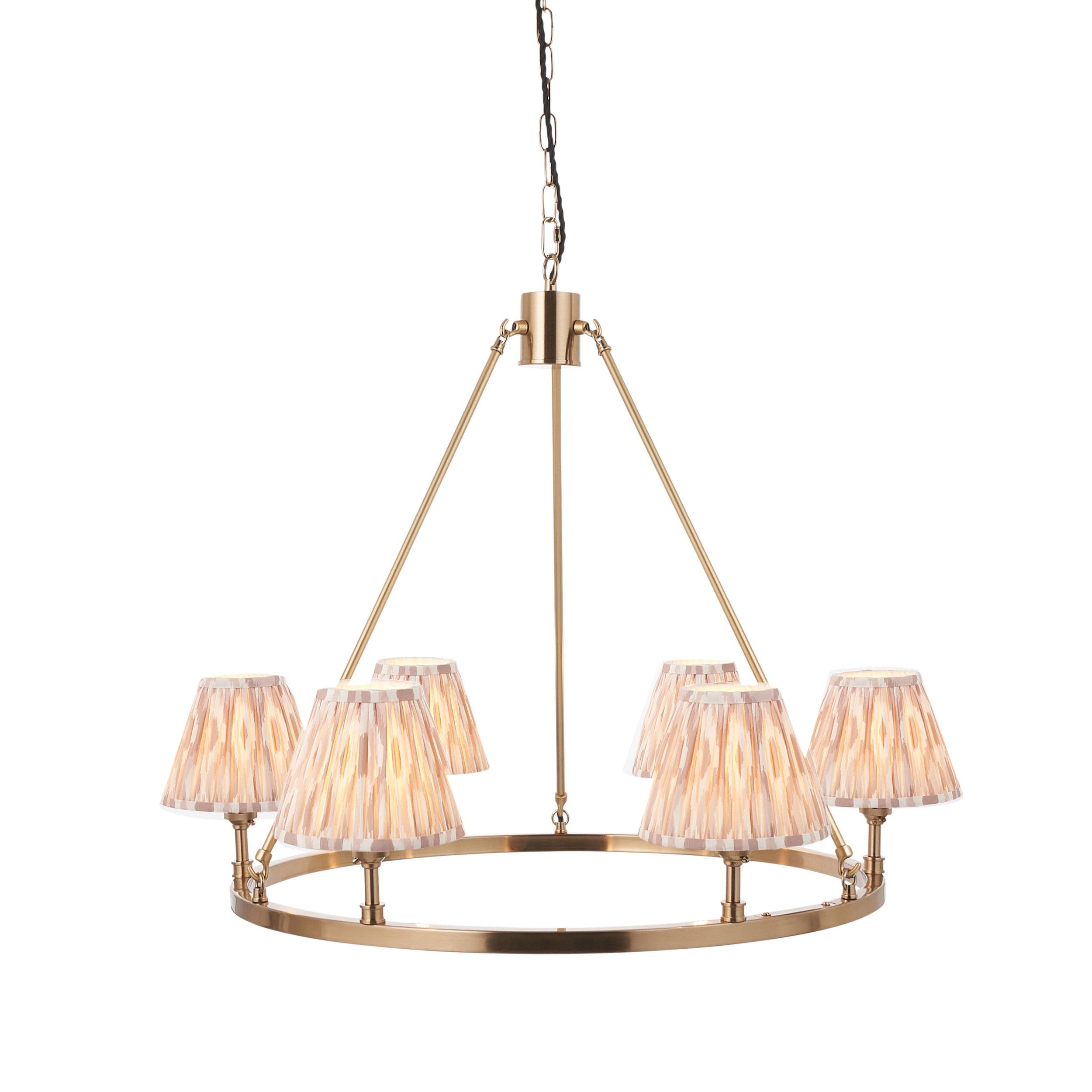 Chester Large Brass Ceiling Pendant Light With Neutral Ikat 16cm Shades