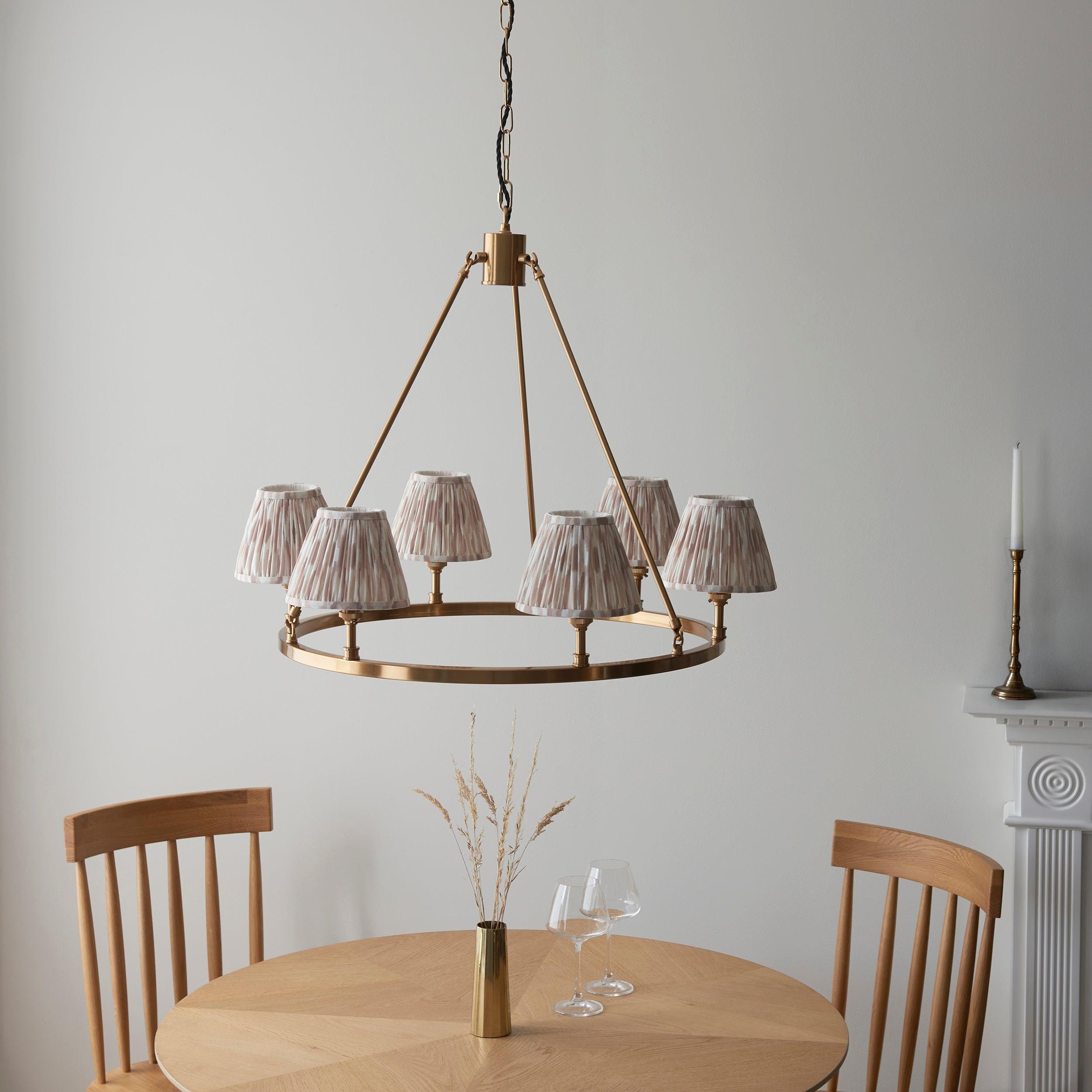 Chester Large Brass Ceiling Pendant Light With Neutral Ikat 16cm Shades