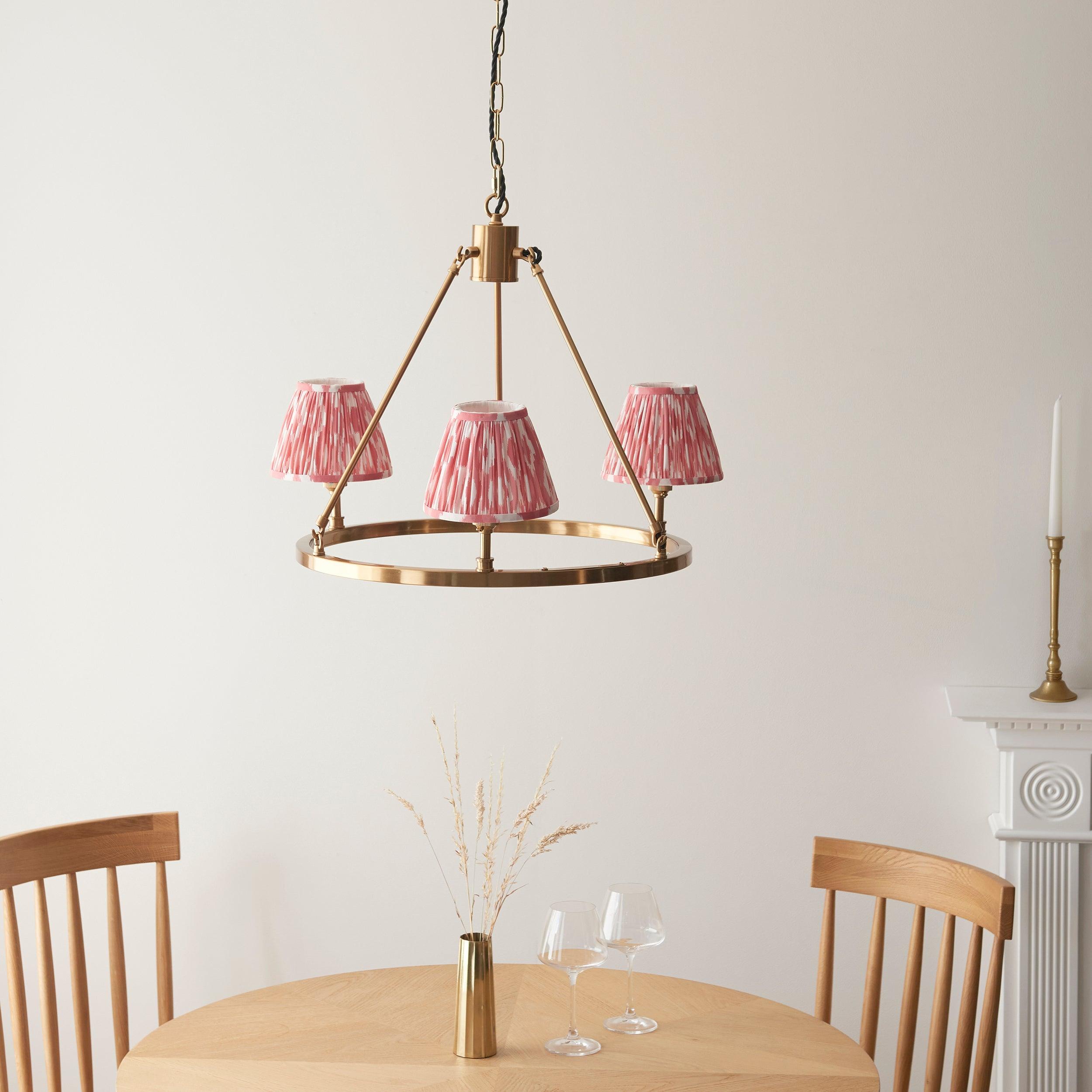 Chester Brass Ceiling Pendant Light With Pink Ikat 16cm Shades