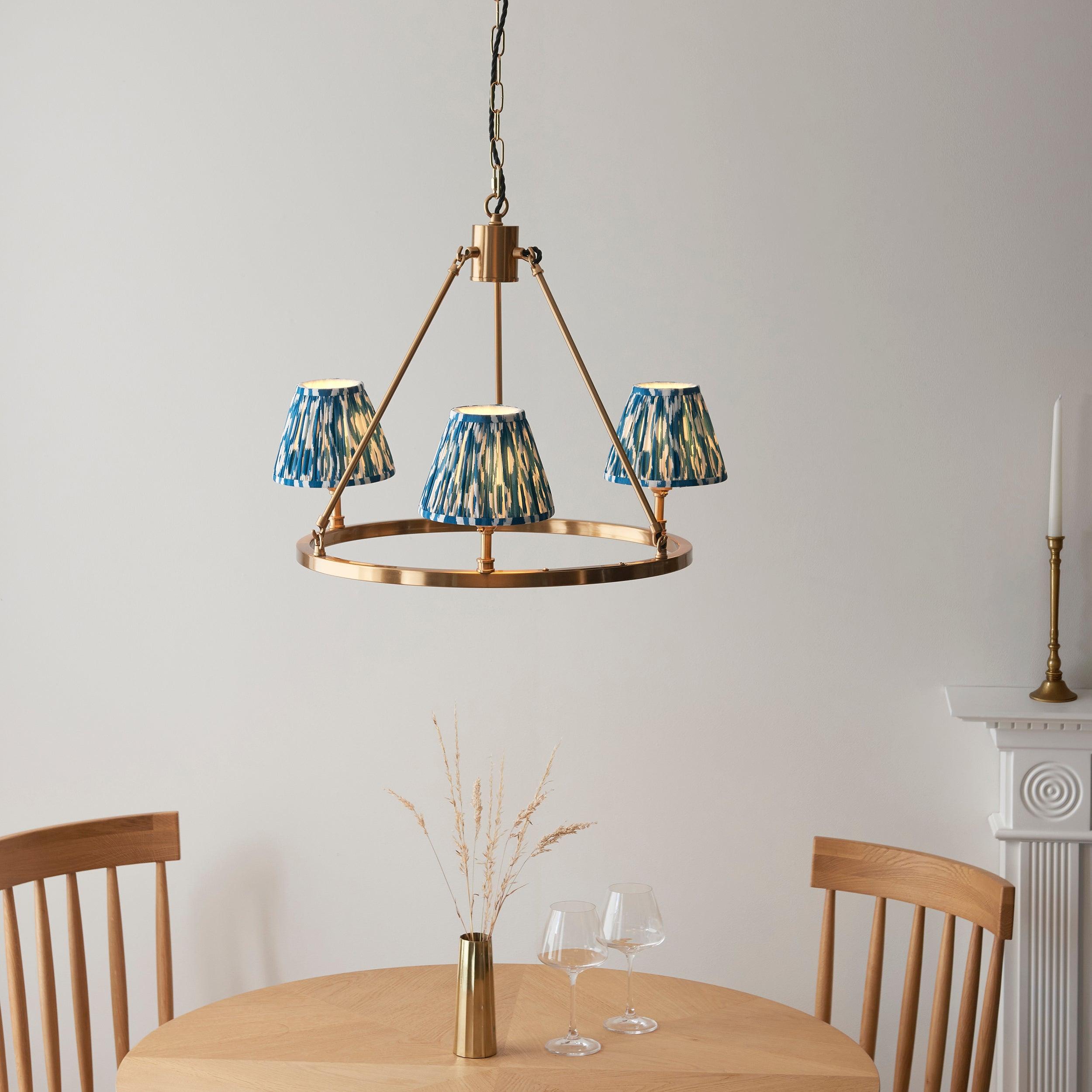 Chester Brass Ceiling Pendant Light With Blue Ikat 16cm Shades