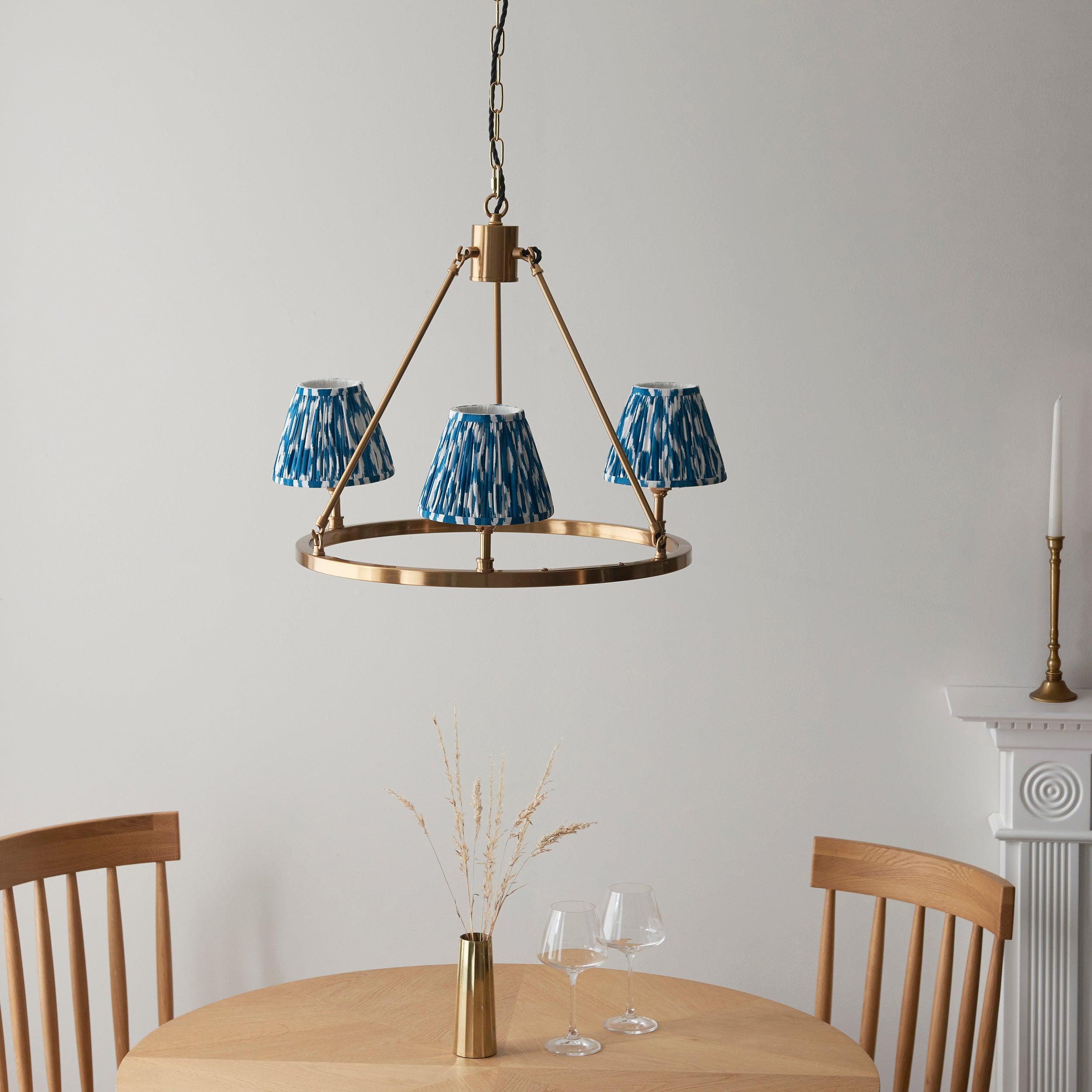Chester Brass Ceiling Pendant Light With Blue Ikat 16cm Shades