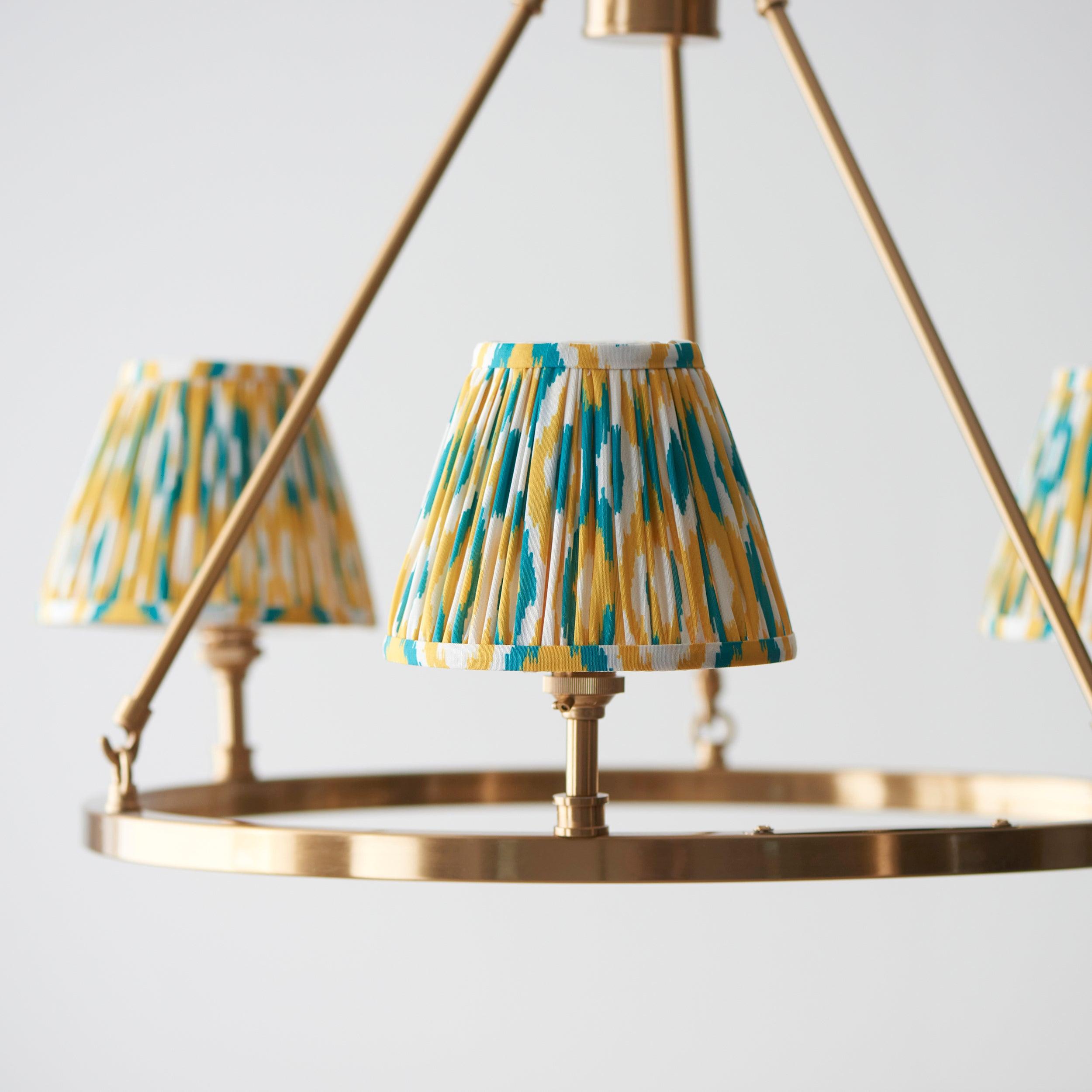 Chester Brass Ceiling Pendant Light With Yellow & Jade Ikat 16cm Shades